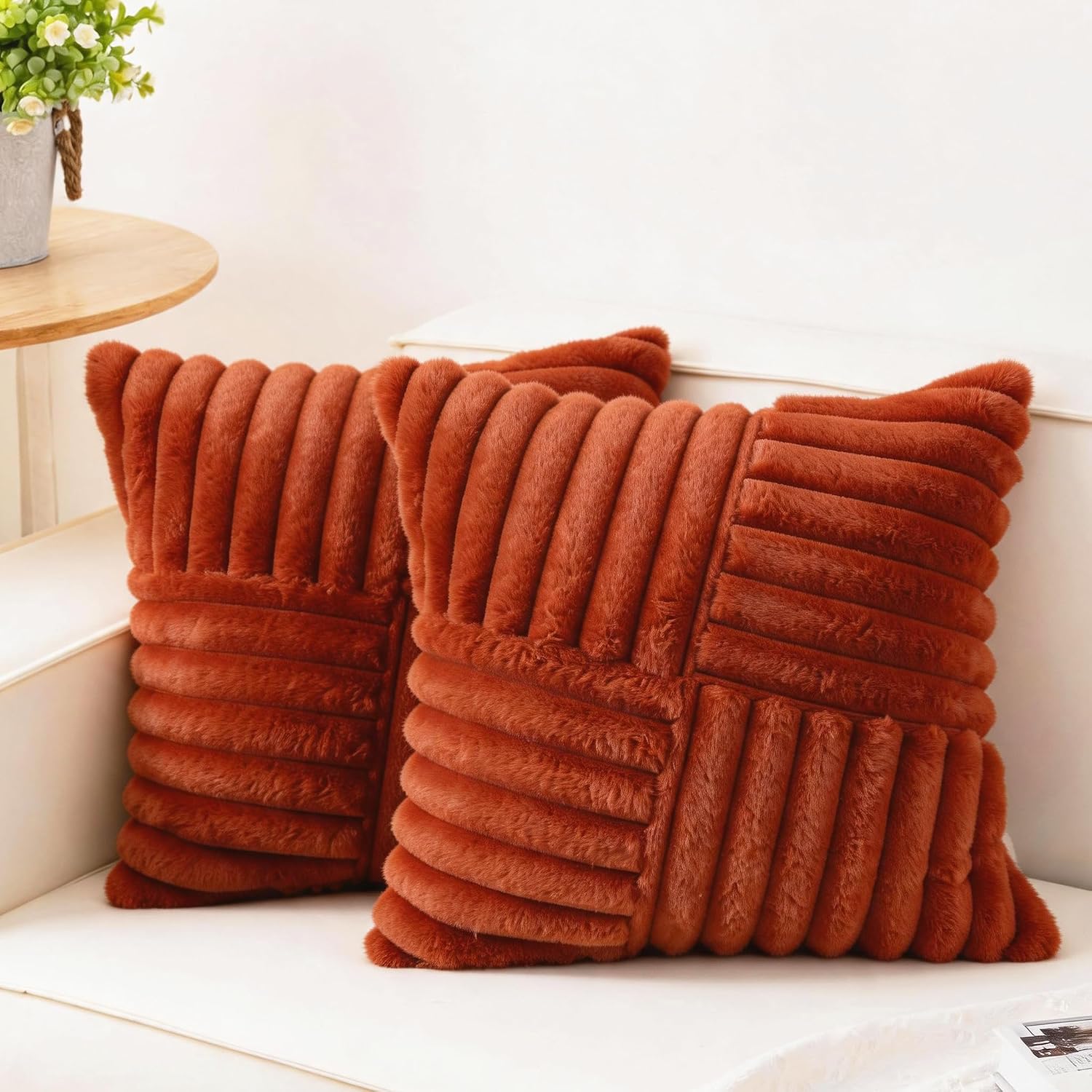 All Smiles Rust Throw Pillow Covers 18x18 Set of 2，Fall Autumn Burnt Orange Terracotta Decorative Cushion Cases Farmhouse Boho Living Room Sofa Couch Bed Soft Faux Fur Fluffy Velvet Cross Stitch