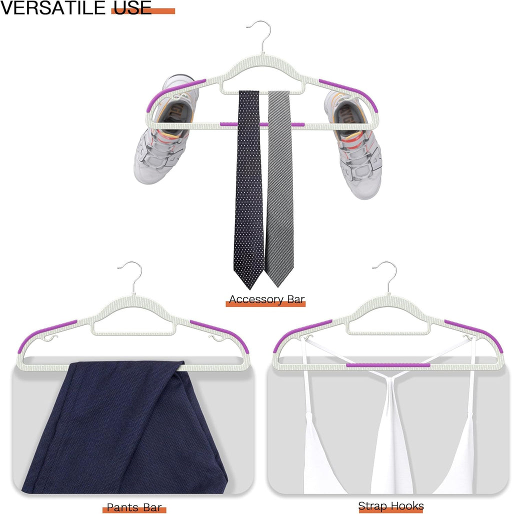 60 Pack Heavy Duty Plastic Hangers, Non Slip Clothes Hangers with Rubber Pads and 360° Hook - Thin Space Saving Hanger, Closet Organizer for Shirt, Pants, Suit, Skirt,Coat - Purple