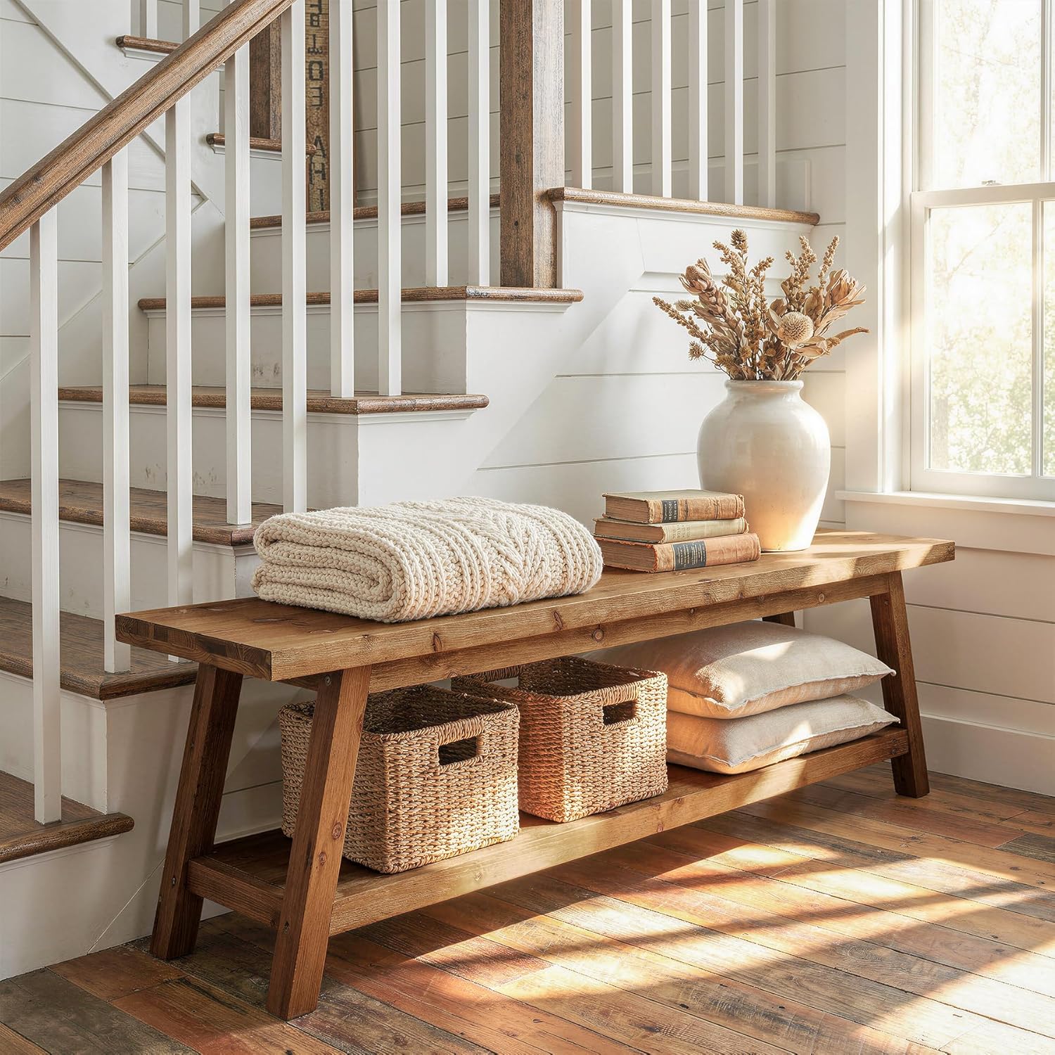 Solid Wood Entryway Bench with Shoe Storage Shelf, 62.99" Long Rustic Hallway Shoe Bench, Natural Wood Mudroom Window Seating, 400 lbs Capacity
