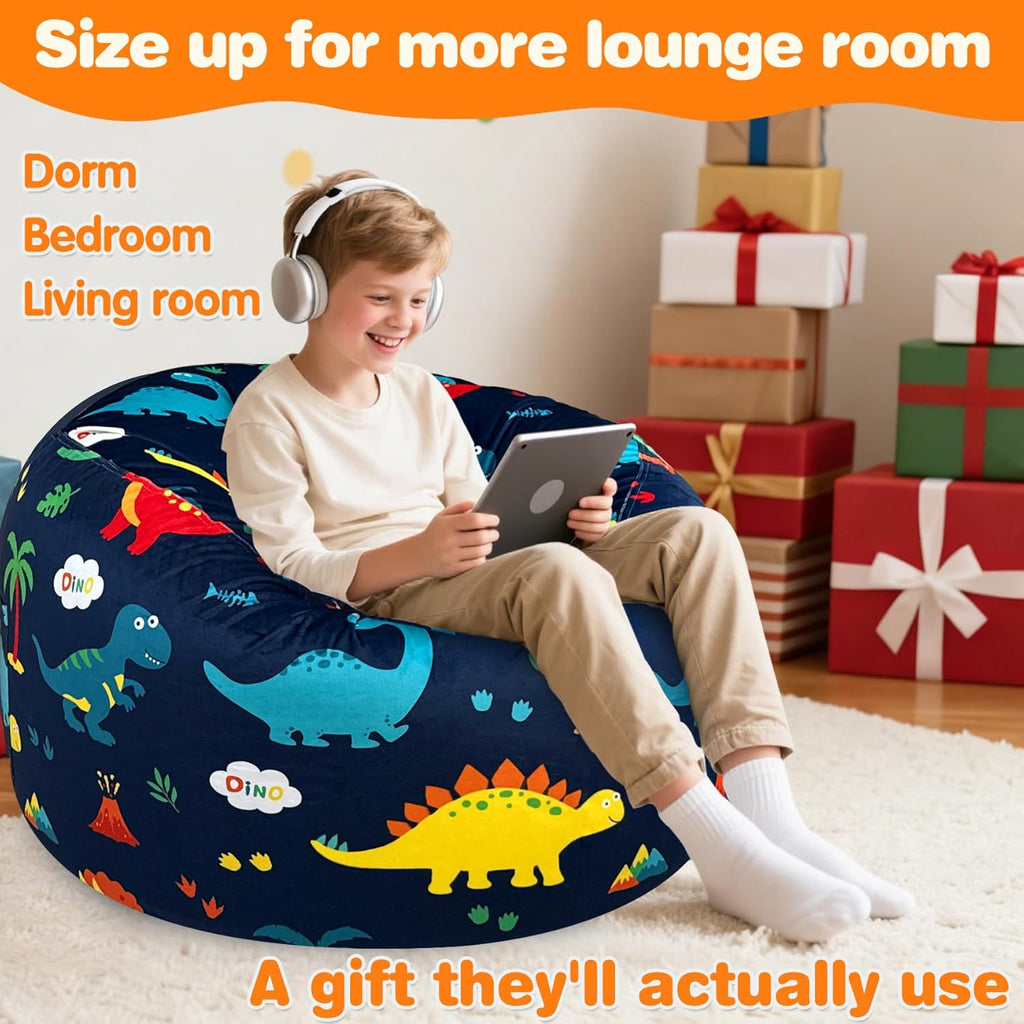 Lukeight Dinosaur Bean Bag Chair for Kids and Teens, Memory Foam Filled Floor Lounger, Washable Velvet Cover with Inner Liner, Beanbag Chair with Filling for Gaming and Reading, Large 27" D x 16" H