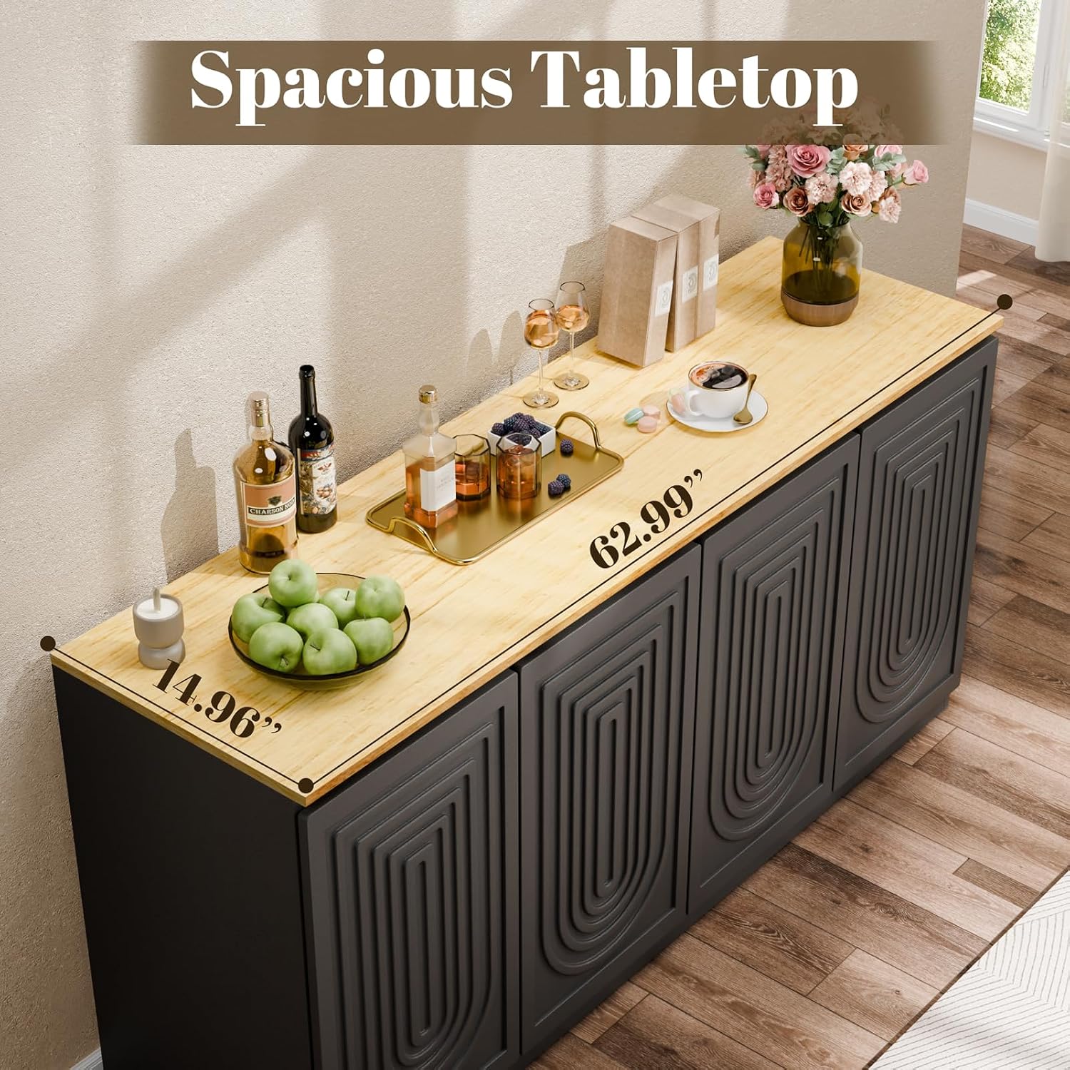 63" Fluted Sideboard Buffet Cabinet with Storage,Large Modern Accent credenza storage cabinet with Doors & Adjustable Shelves,Wood Coffee Bar Table Console for Dining Room Kitchen Living Room Entryway