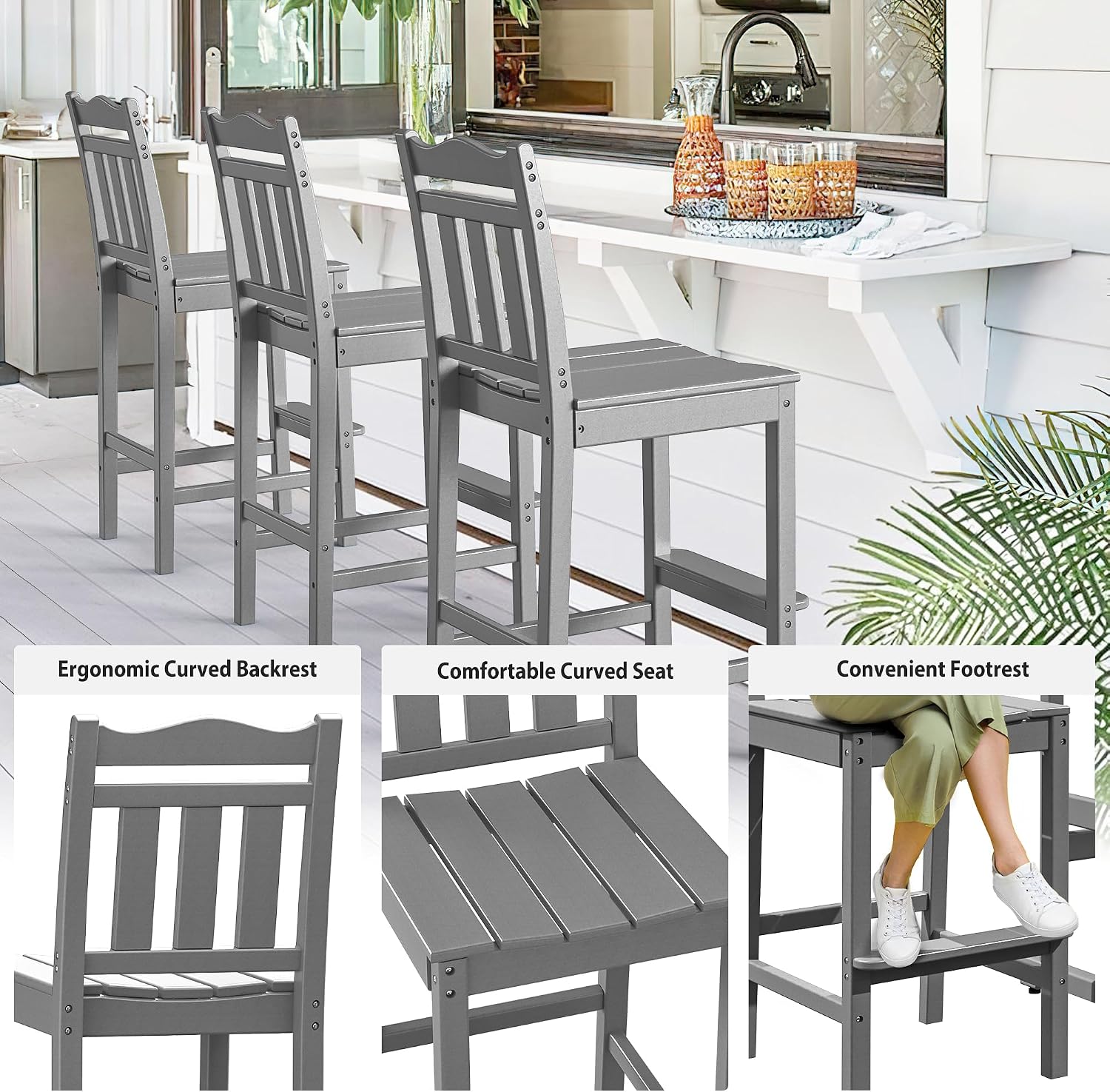 nalone Outdoor Bar Stools Set of 2, HDPE Tall Adirondack Chairs Bar Chairs, Weather Resistance Bar Height Chair for Balcony, Garden, Yard, Backyard (Grey, Bar Chairs Set of 2)