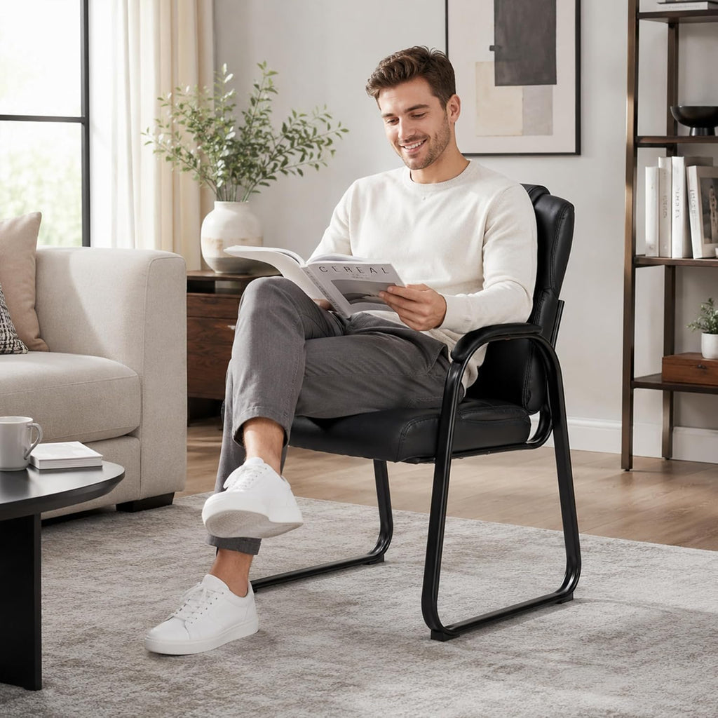 Simple Deluxe 2pcs Leather Guest Chairs with Padded Arms & Sled Base, Single Wheelless Stationary Lounge Seat, Ideal for Conference, Reception, Lobby, Home Office and Bedrooms, Black
