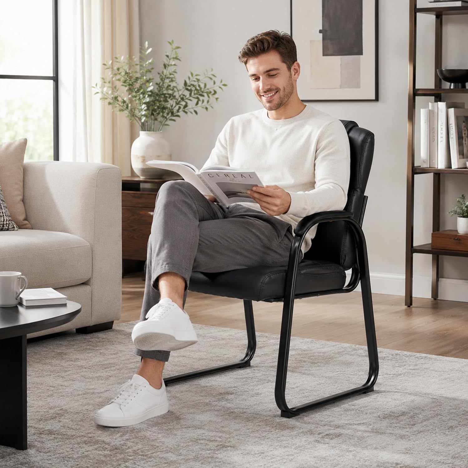 Simple Deluxe 2pcs Leather Guest Chairs with Padded Arms & Sled Base, Single Wheelless Stationary Lounge Seat, Ideal for Conference, Reception, Lobby, Home Office and Bedrooms, Black