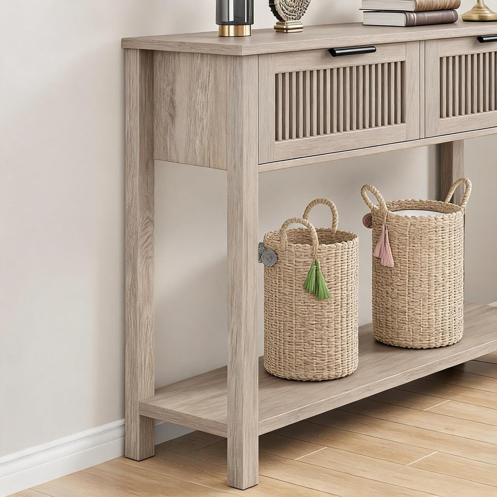 GAOMON Entryway Table with 2 Drawers, Farmhouse 43 Inch Wood Fluted Console Table with Shelf, 2 Tier Sofa Table with Storage for Living Room, Foyer Tables for Entryway - Grey