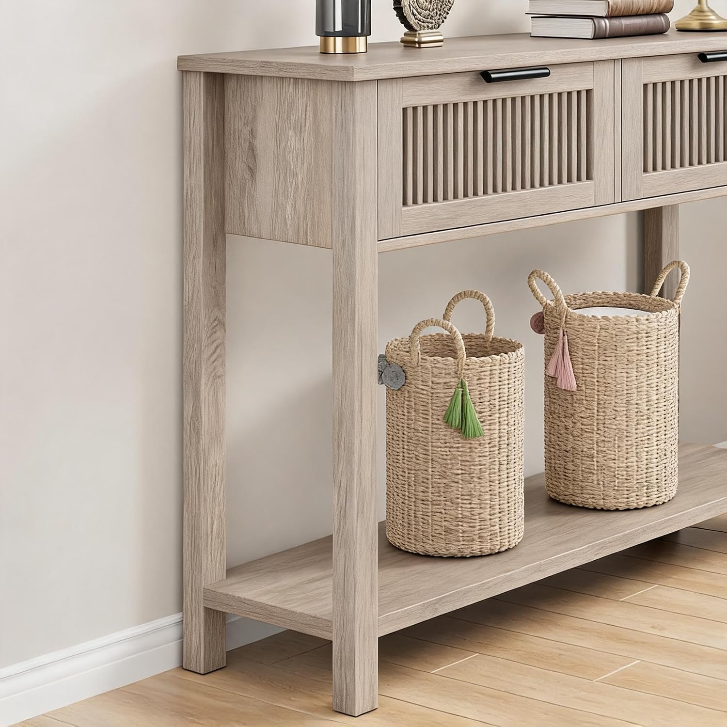 GAOMON Entryway Table with 2 Drawers, Farmhouse 43 Inch Wood Fluted Console Table with Shelf, 2 Tier Sofa Table with Storage for Living Room, Foyer Tables for Entryway - Grey