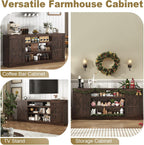 XVD 75" Farmhouse Coffee Bar Cabinet with Charging Station, Sideboard Buffet Cabinet with Large Storage, Wood Buffet Storage Cabinets with Adjustable Shelves for Kitchen, Living Room, Brown