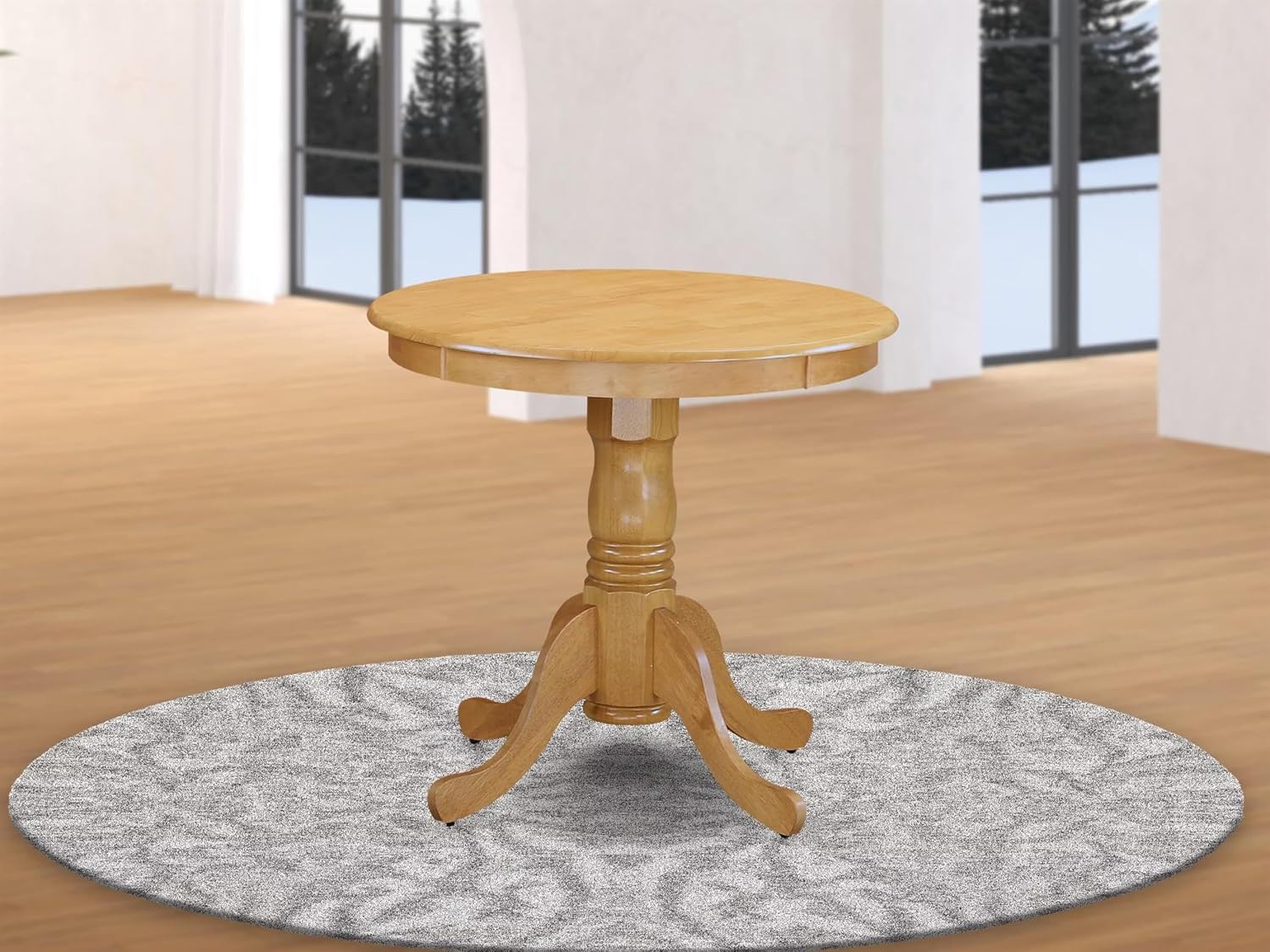 Pemberly Row Round Rubberwood Dining Table, 30 in Diameter, Oak Finish, Compact Design, Pedestal Base, Traditional Style, Durable Construction for Small Spaces Dining Room