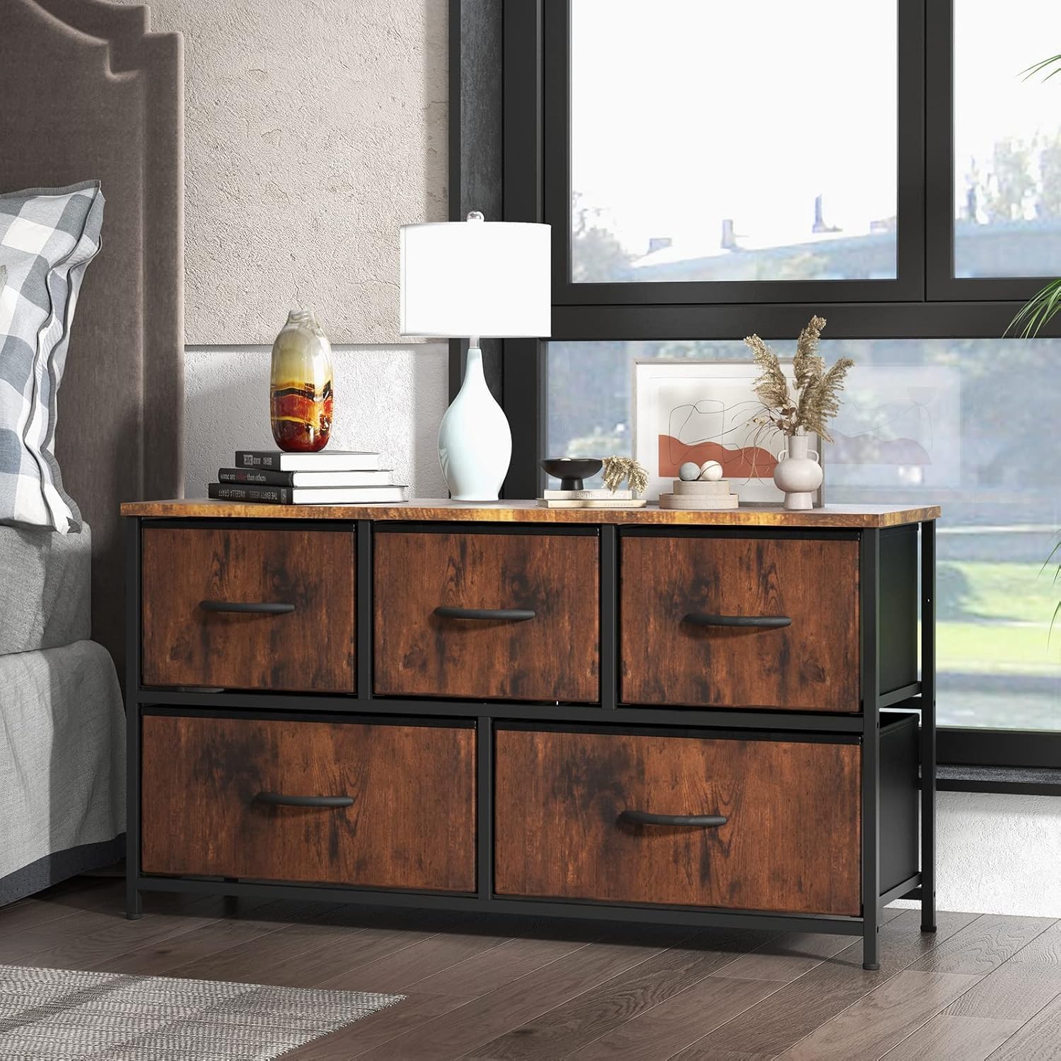 SMUG 5 Drawer Side Table with Tray, Portable Metal Frame with Adjustable Feet, Wood Stand for Office