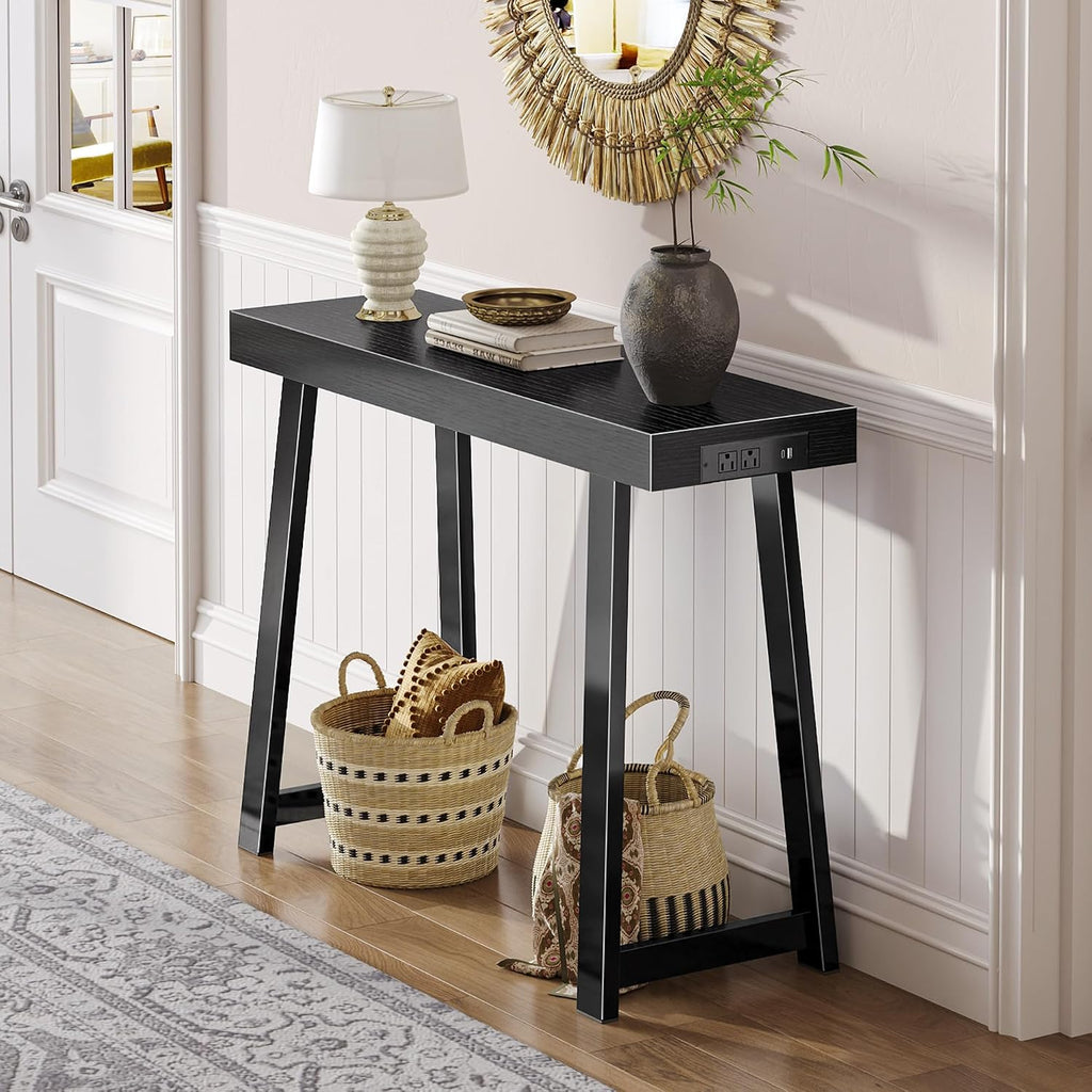 Huuger Entryway Console Table with Charging Station, USB-C Port, 39.4 Inch Sofa Table with Metal Legs, Entry Hallway Table with Thicker Desktop, Modern Behind Couch Table, Black