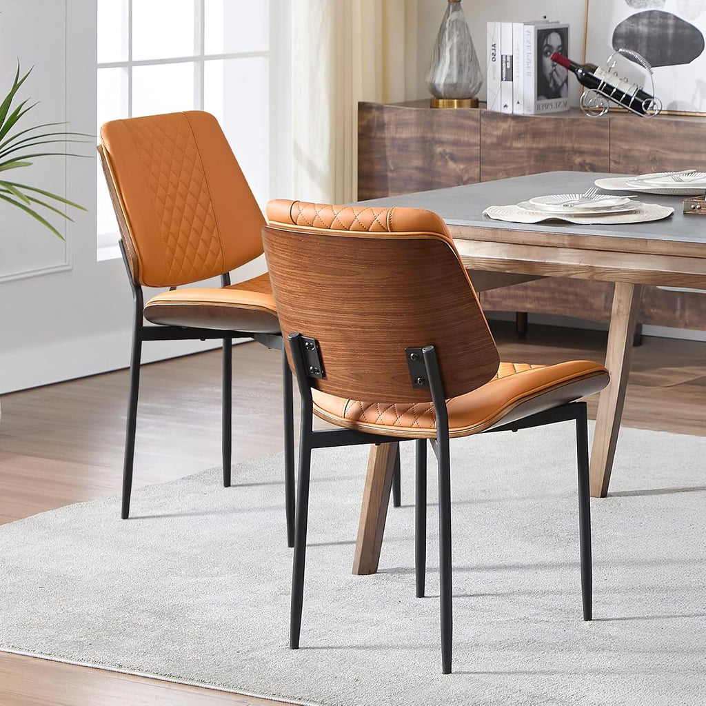 Set of 4 Dining Chairs, PU Leather Armless Kitchen Chairs with Curved Walnut Style, Mid Century Modern Bentwood Side Chairs, Metal Legs Retro Accent Seating for Dining Room Kitchen(Brown)