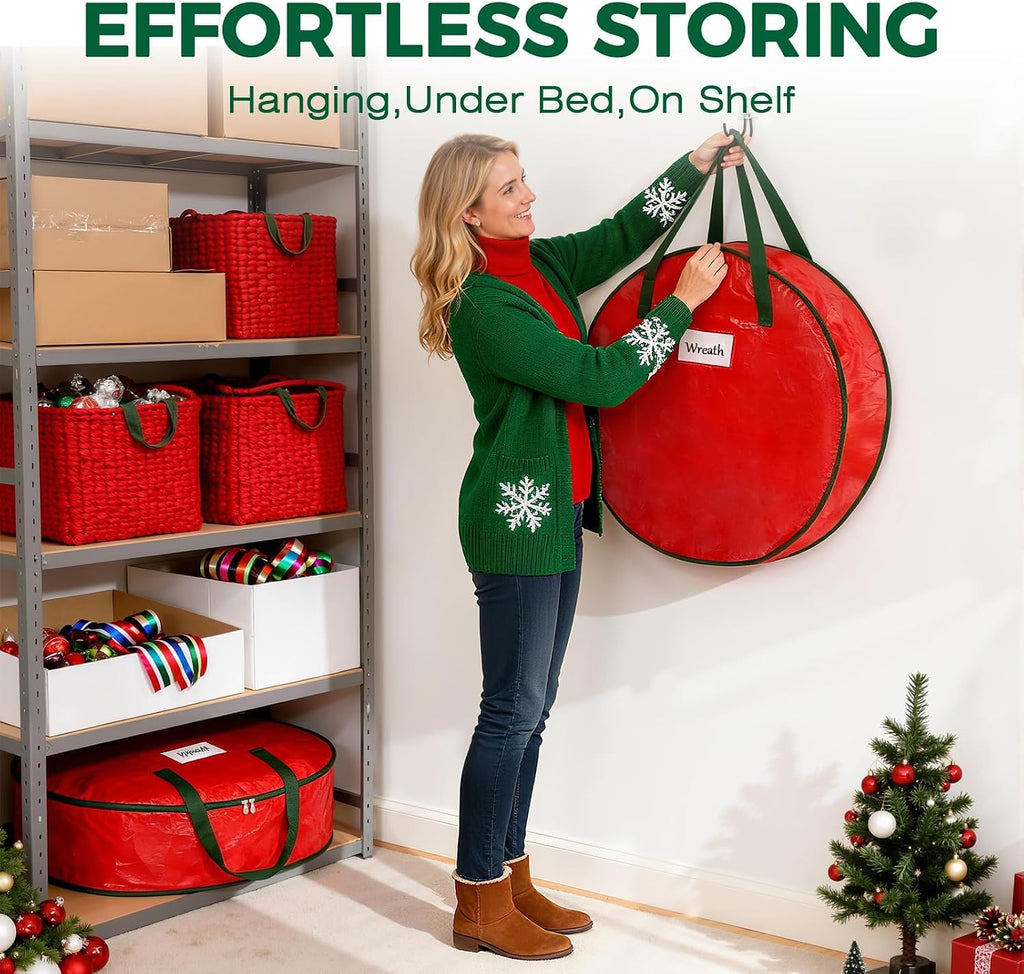 DeckTheHalls Christmas Wreath Storage Container, 2-PACK Waterproof Christmas Storage with Secure Zipper, Reinforced Carry Handles, Year-Round Protection for Christmas Garland & Holiday Decor (30 Inch)