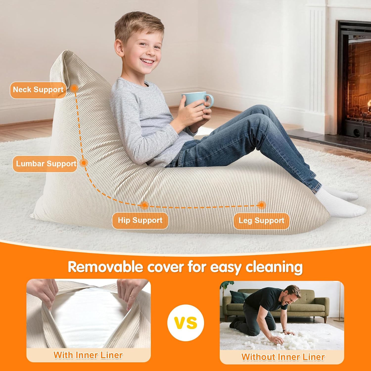 Lukeight Bean Bag Lounger Chair with Memory Foam for Kids Teens Adults, Bean Bag Sofa with Removable Cover, Cozy Beanbag Chair for Living Room, Lazy Sofa for Gaming and Reading, Large
