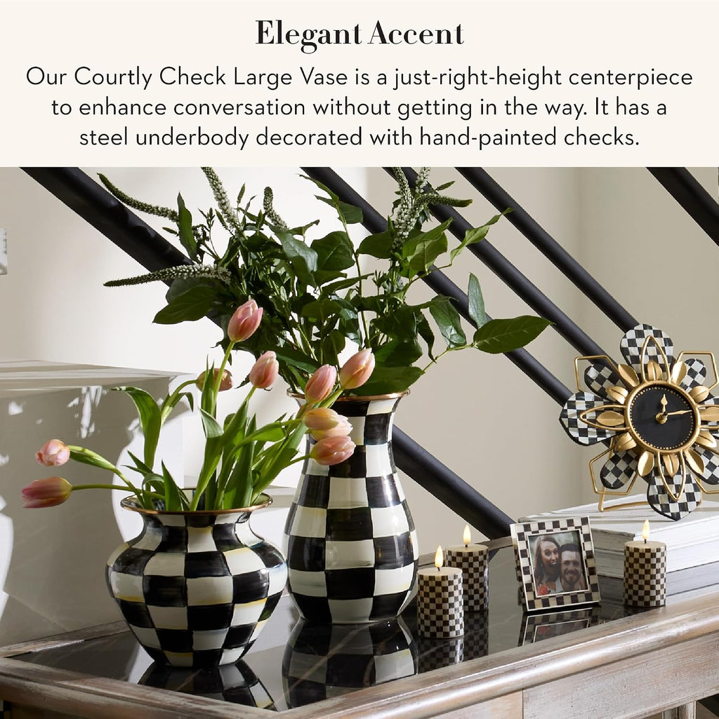 MACKENZIE-CHILDS Large Enamel Vase, Unique Flower-Vase Decor for Living Room, Black-and-White Courtly Check