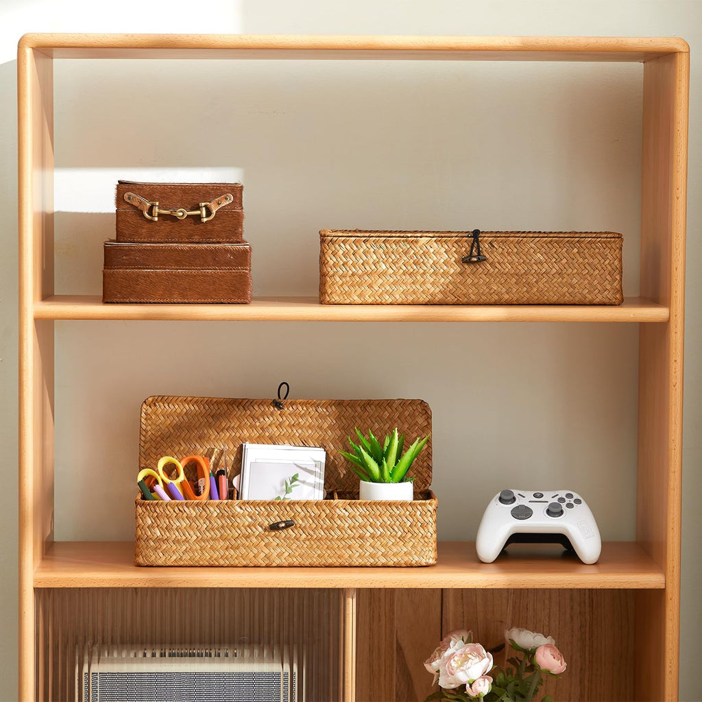 Nonam Seagrass Storage Small Basket with Lid - 3-Section Divided Organizer for Tea,Sugar,Coffee,Tampons - Woven Shelf Bin for Closet, Toilet Tank - Rectangular Narrow Boho Basket Home Decor