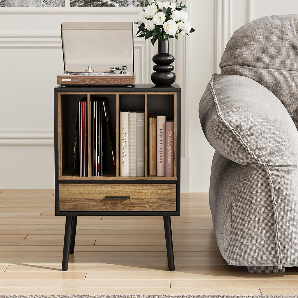 Kiasthome Black Record Player Stand with Storage Crate & Drawer, Vinyl Record Storage Cabinet Side Table for Turntable with Solid Wood Legs, for Living Room, Bedroom