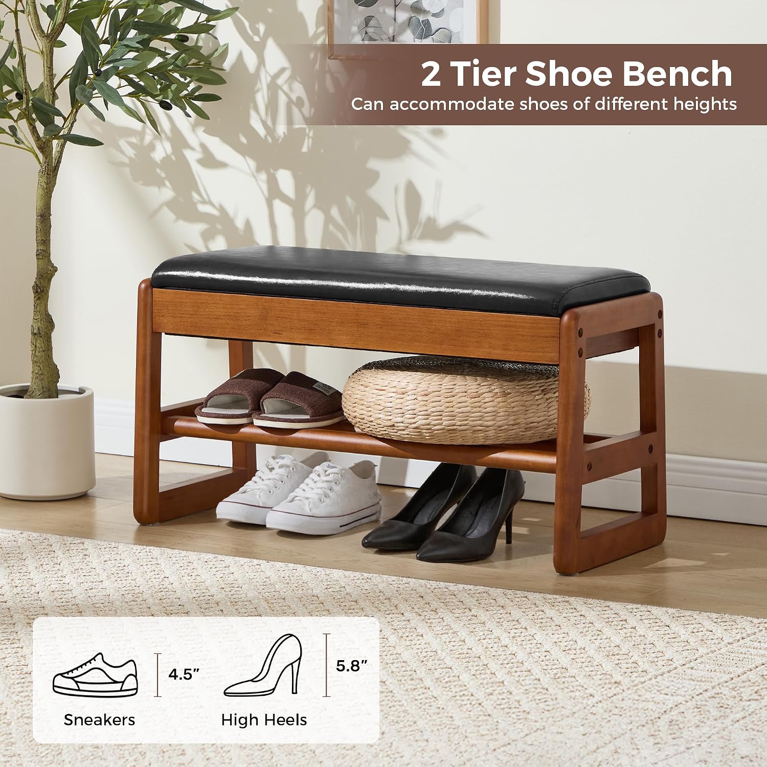 31.5" Shoe Rack Bench,2 Tiers Shoe Bench with Storage,Walnut Storage Bench with Faux Leather Cushion for Entrance Entryway Hallway PU Black