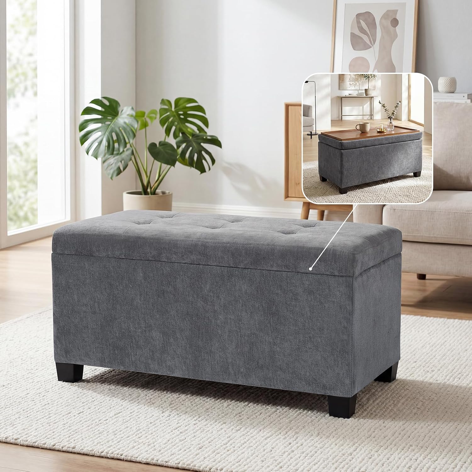 29.5 in Gray Linen Storage Ottoman with Reversible Tray Top | Rectangular Storage Bench, Upholstered Foot Rest Ottoman with Hidden Storage, Coffee Table for Living Room Bedroom Entryway