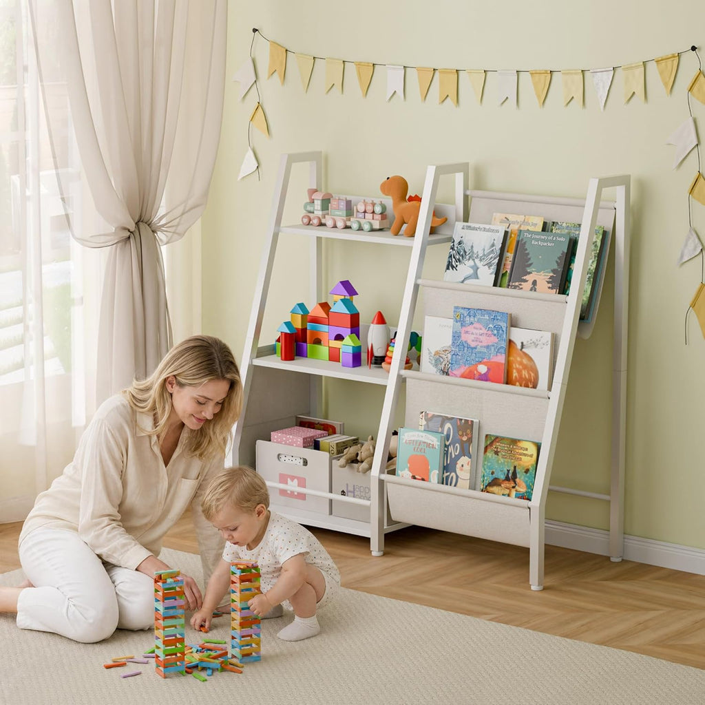 Kids Bookshelf and Toy Storage Organizer, 3-Tier Metal Toddler Bookcase with Deep Pockets, 2-in-1 Freestanding Nursery Bookshelf for Playroom, 29.53" D x 11.81" W x 32.68" H, White