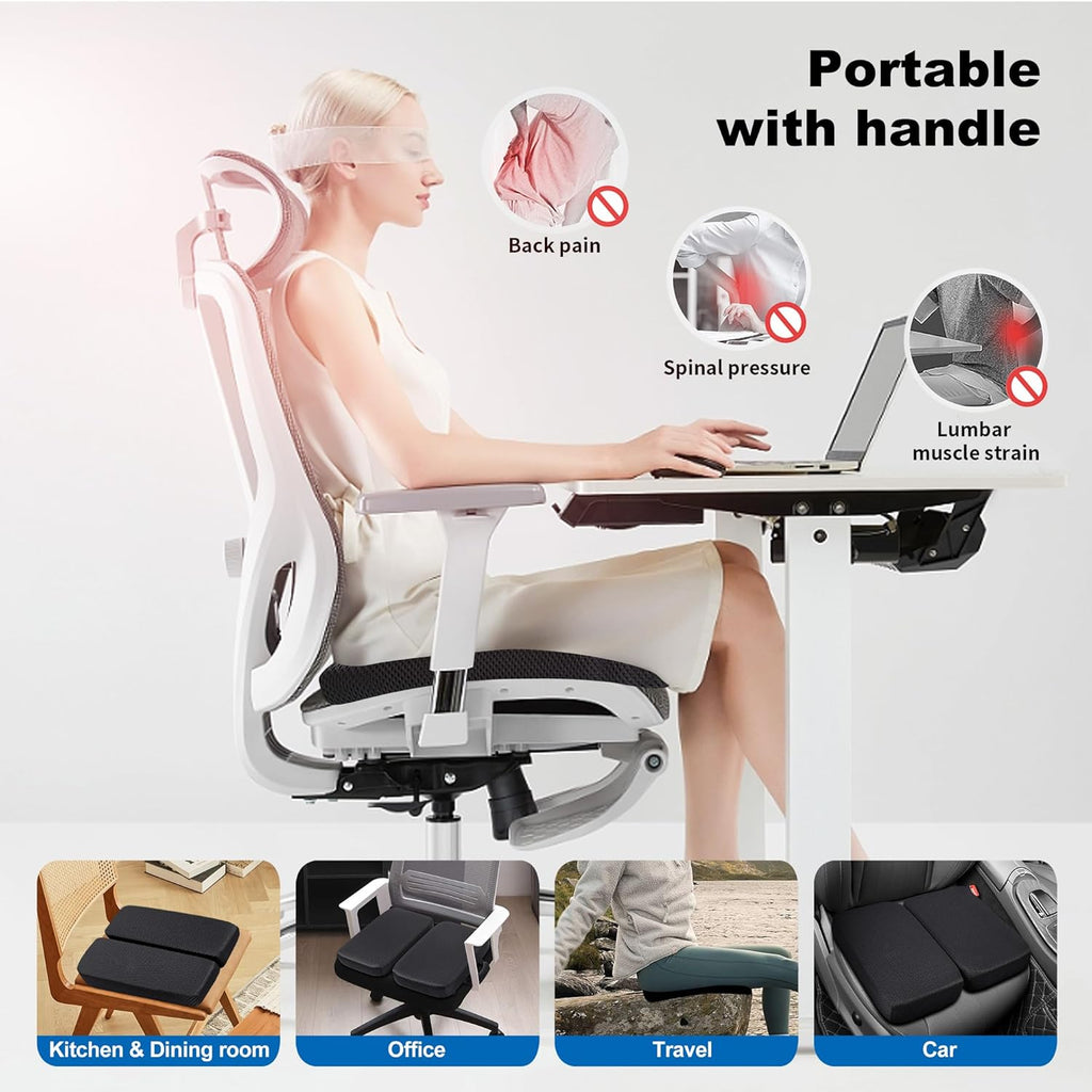 Gel Memory Foam Seat Cushion with Washable Cover Non-Slip Thick Chair Cushion with Portable Handle & Storage Pocket Adjustable Chair Pad for Long Sitting (Black)