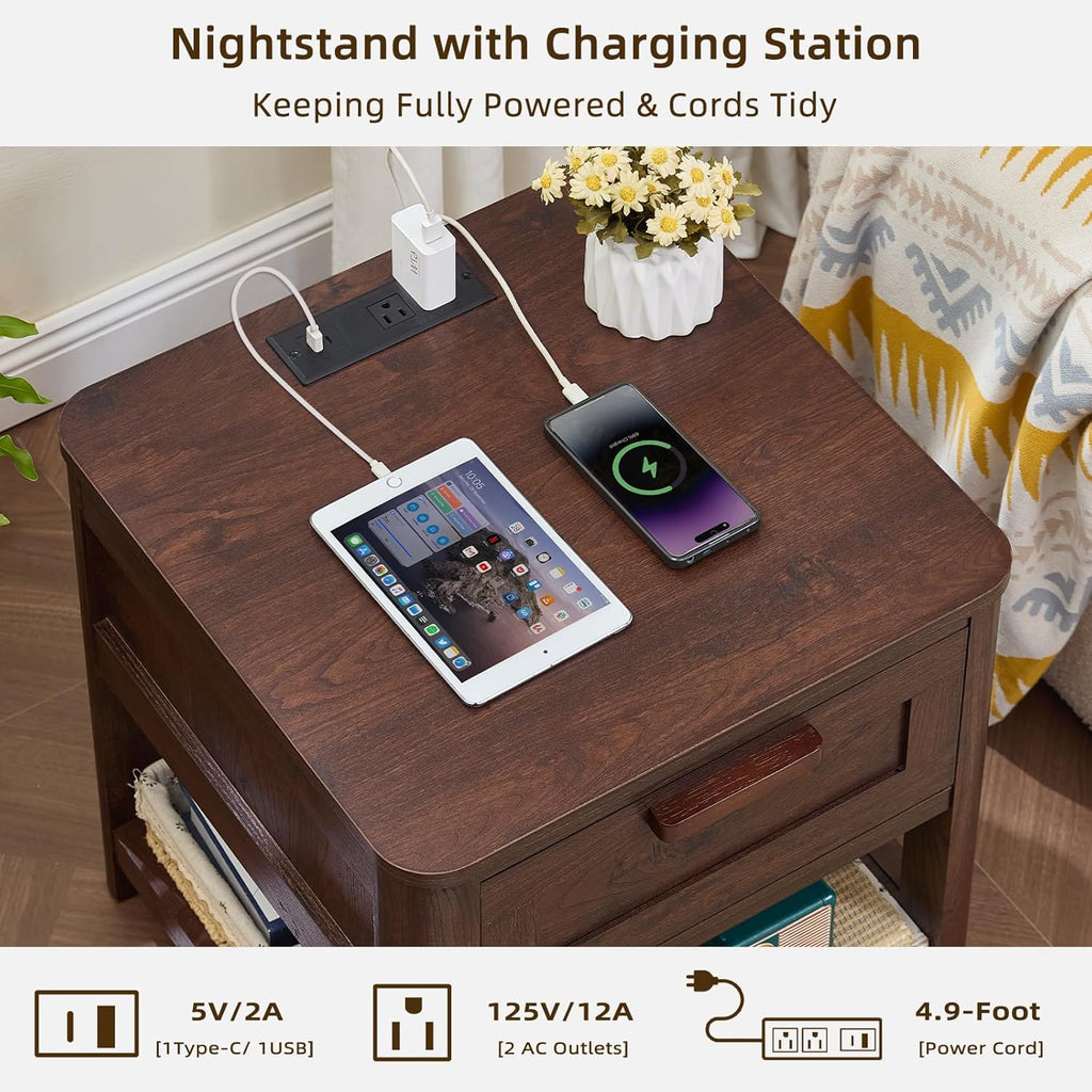 Joaxswe Farmhouse Side Tables Living Room, Small Nightstand with 1 Drawers & Open Shelving & 4 Thickened Table Legs, Walnut