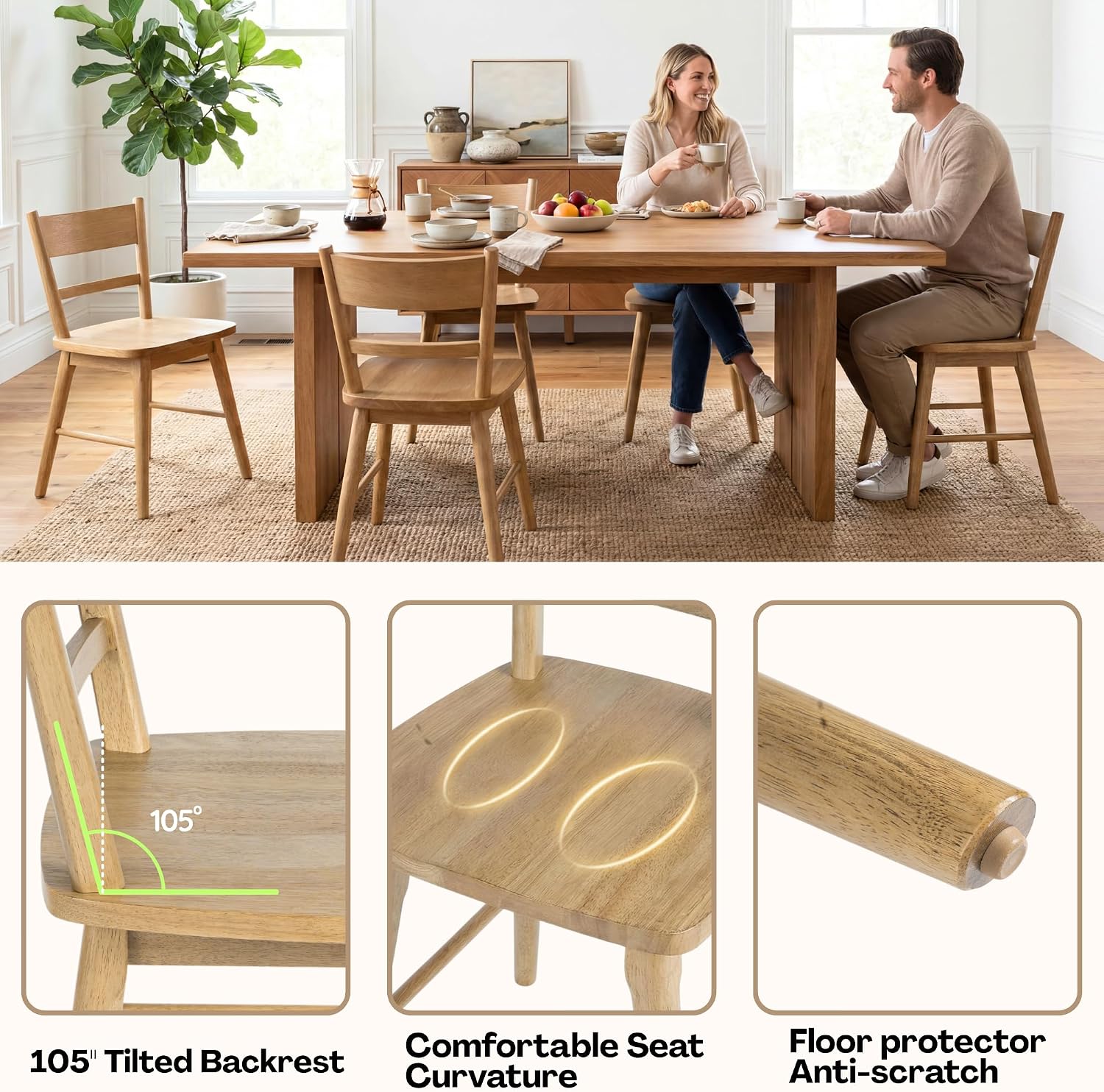CIMOTA Oak Dining Chairs Set of 4, Farmhouse Wood Dining Chairs Ladder Back Kitchen Chairs, Windsor Dining Chairs for Kitchen and Dining Room, Oak