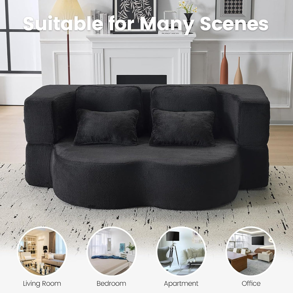 Convertible Folding Sofa Bed, 78” Full Size Loveseat Sleeper Sofa, Chenille Foldable Boneless Floor Couch with 4 Pillows for Guest Living Room Bedroom, No Assembly Required (Black)