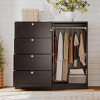 VOWNER 43''H Armoire Wardrobe Closet with 4 Drawers and 2 Doors | Small Clothing Storage Cabinet Dresser with Hanging Rod, Baby Closet Clothes Wardrobe for Bedroom, Black