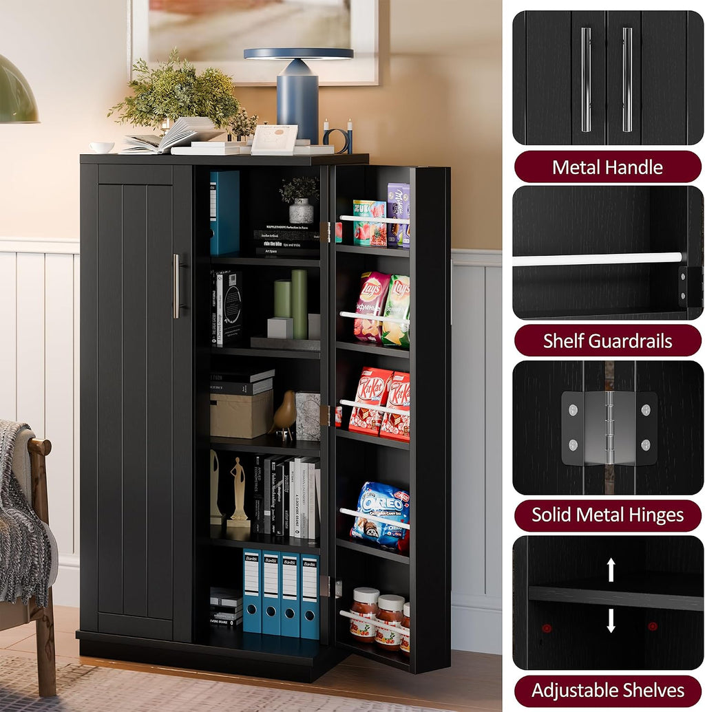 Kitchen Pantry Cabinet Food Storage Cabinets with Door and Adjustable Shelves Freestanding Pantry Cabinet with Anti-Tip Kit for Small Space for Kitchen Dining Room Black