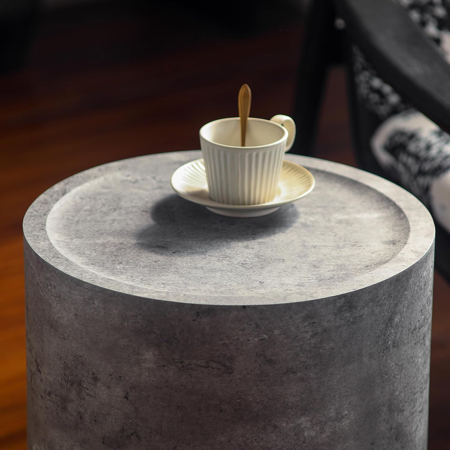 Round End Table with Mars Pattern for Living Room, Modern Drum Circle Side Table for Small Space, Nightstand Sofa Table for Bedroom, No Need Assembly, Stone Grey