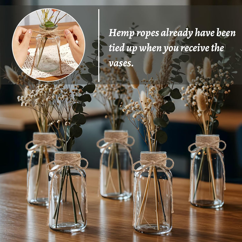 Glass Flower Vases for Centerpieces, 12Pcs Vintage Small Clear Bud Vase for Flowers Mini Crystal Decorative Bottle with Hemp Rope Bows for Housewarming Wedding Birthday Tabletop Decoration