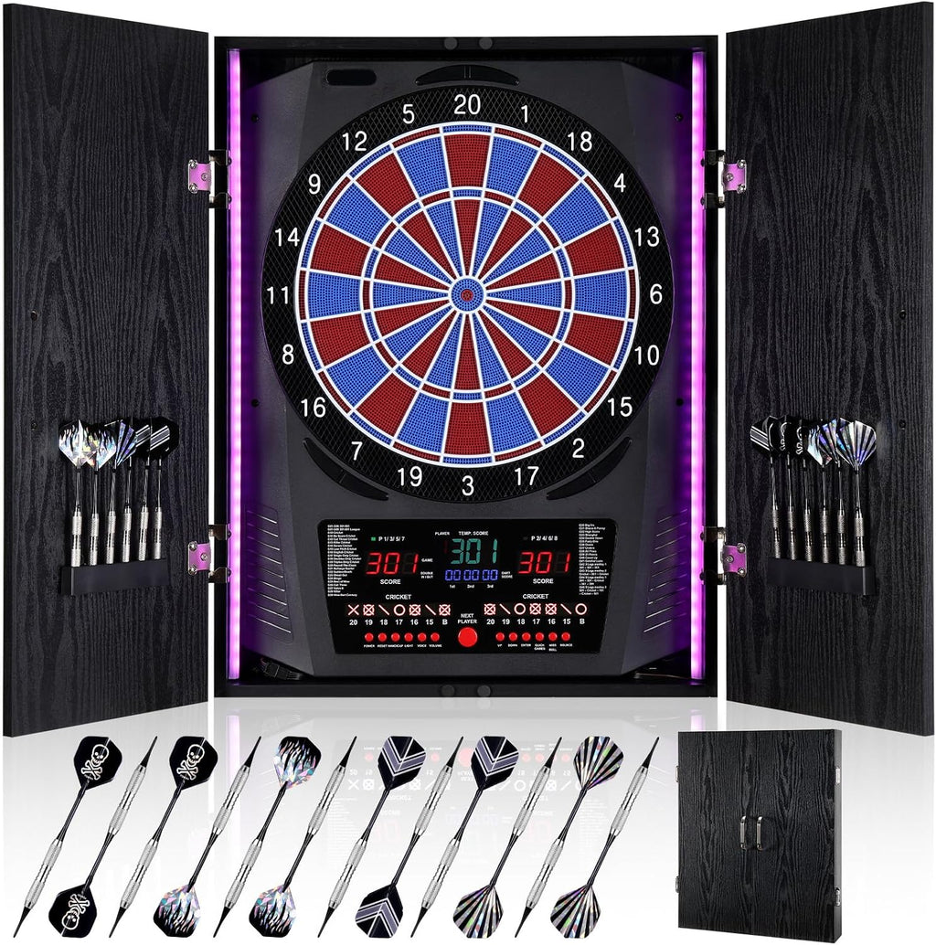 Electronic Dart Board, Electric Dartboard for Adults [12*Bronze Soft Tip Darts] 8-Color LED for 8 Players-Rustic Dart Board Cabinet for Home & Bar