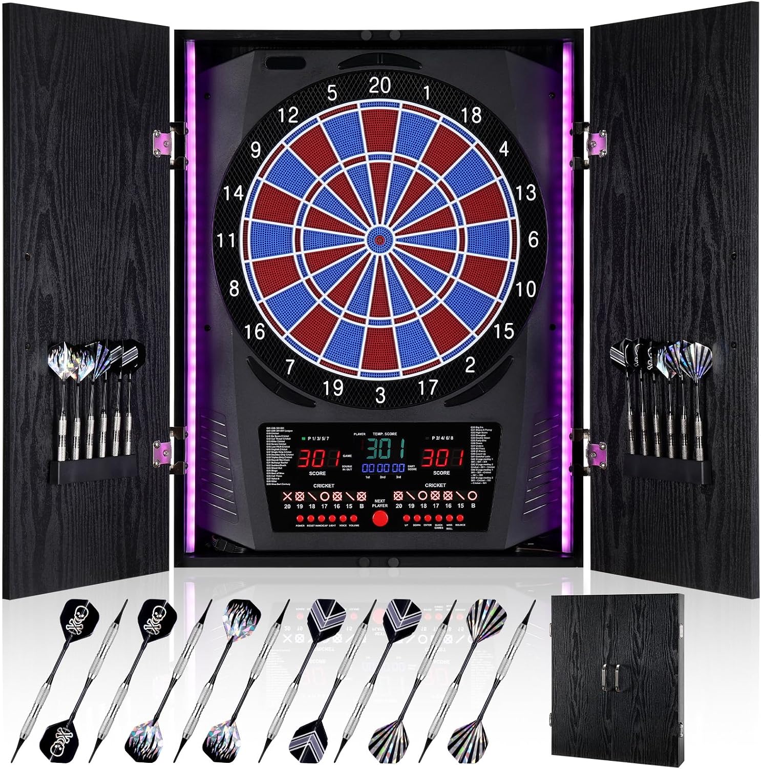 Electronic Dart Board, Electric Dartboard for Adults [12*Bronze Soft Tip Darts] 8-Color LED for 8 Players-Rustic Dart Board Cabinet for Home & Bar