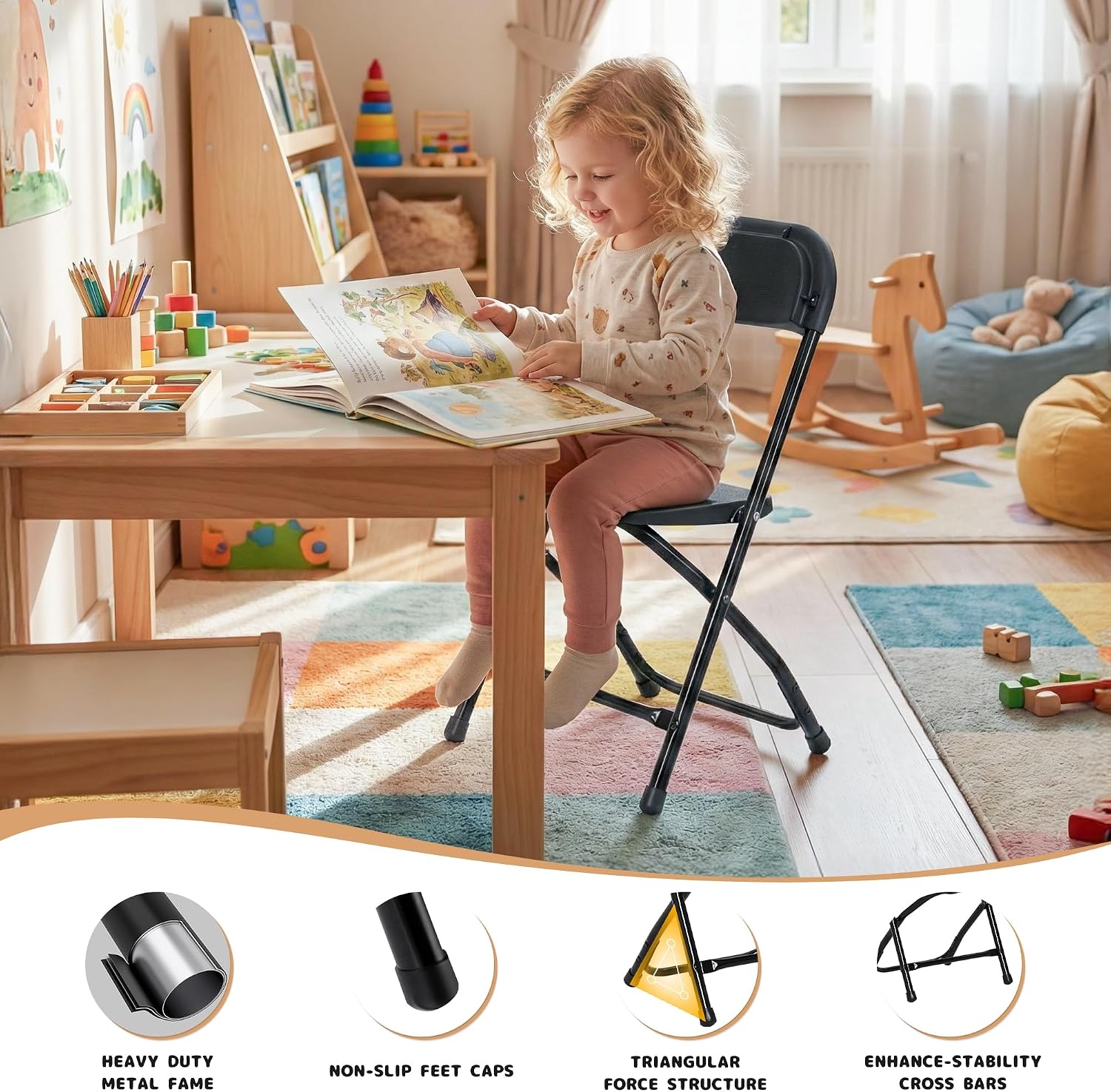 4 Pack Kids Black Plastic Folding Chair with Metal Frame for Toddler&Children, Lightweight and Stackable Foldable Seats for Indoor, Outdoor, Classrooms, Desks, Parties, Events