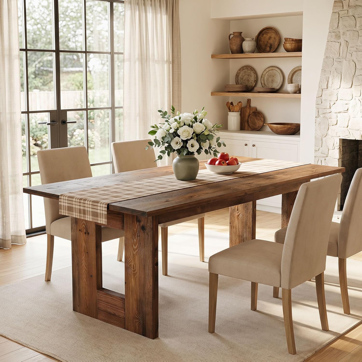63" Solid Wood Dining Table for 4-6 People, Rustic Rectangular Wood Kitchen Table with Thick Top & Heavy-Duty Legs for Dining Room, Living Room, Rustic Brown