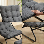 Patio Outdoor Lounge Chair with Ottoman, Armless Lounge Chair with Black Metal Frame & Cushion, Corduroy Upholstered Tufted Accent Chair with Matching Ottoman for Living Room, Grey