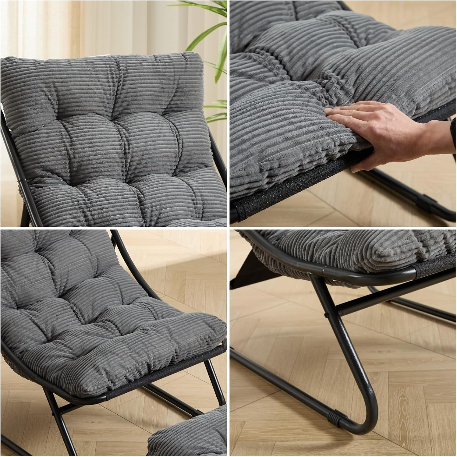 Patio Outdoor Lounge Chair with Ottoman, Armless Lounge Chair with Black Metal Frame & Cushion, Corduroy Upholstered Tufted Accent Chair with Matching Ottoman for Living Room, Grey
