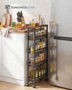 SONGMICS HOME Slim Rolling Cart, 5-Tier Storage Cart with Wheels and Handle, Narrow Utility Cart for Kitchen, Living Room, Brown and Black