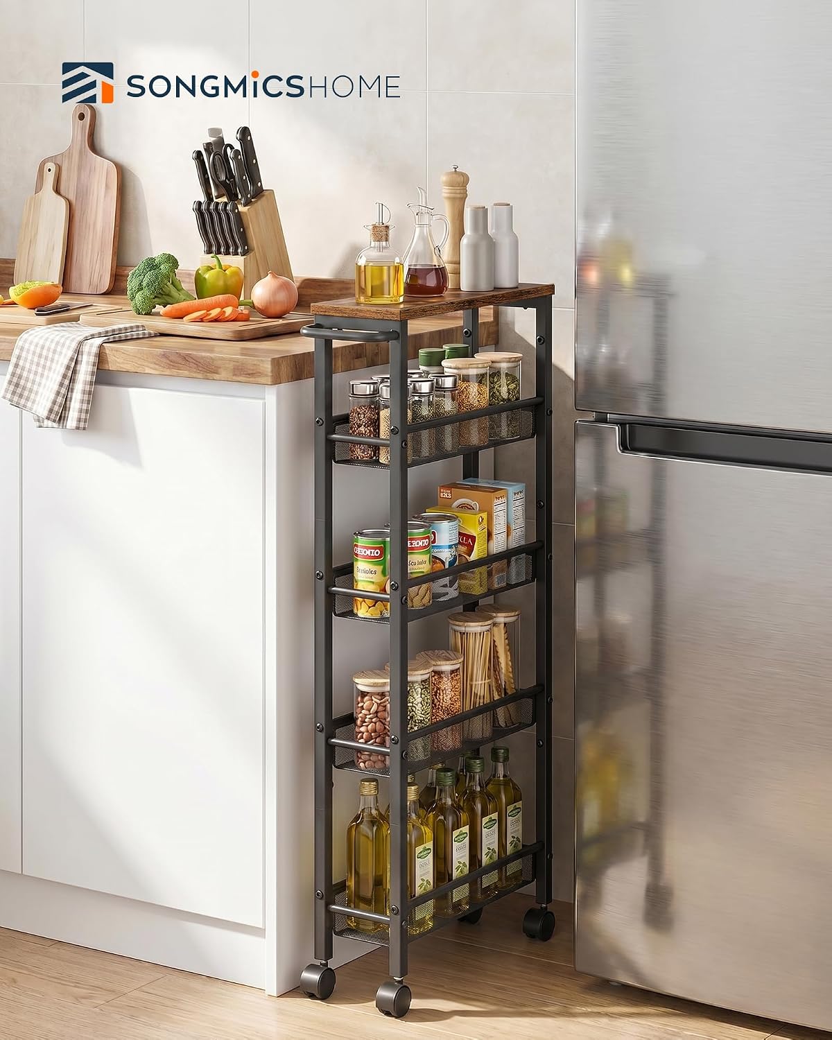 SONGMICS HOME Slim Rolling Cart, 5-Tier Storage Cart with Wheels and Handle, Narrow Utility Cart for Kitchen, Living Room, Brown and Black