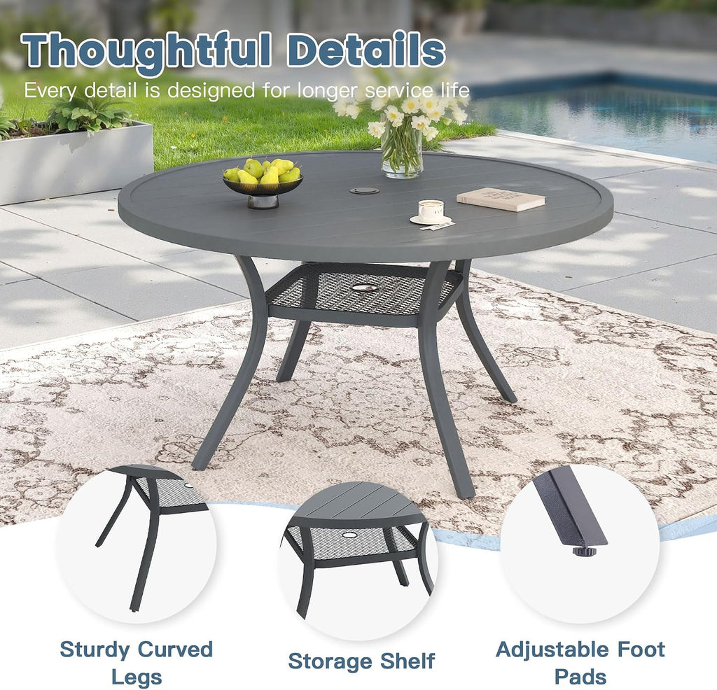 DIFY 48" Round Patio Dining Table for 6, All Weather Round Outdoor Metal Dining Table with 1.57" Umbrella Hole, Perfect for Backyard Lawn Garden, Grey