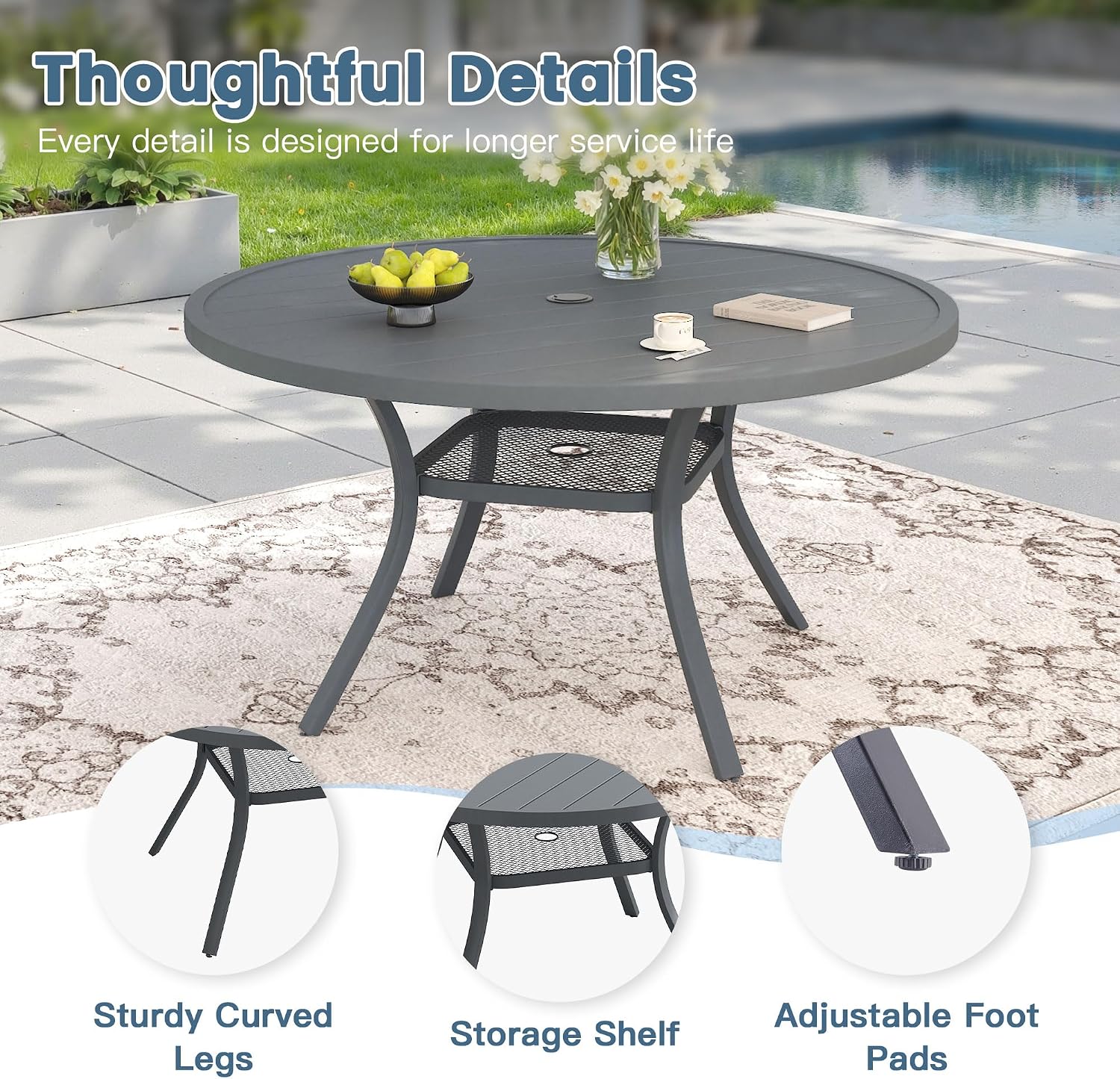DIFY 48" Round Patio Dining Table for 6, All Weather Round Outdoor Metal Dining Table with 1.57" Umbrella Hole, Perfect for Backyard Lawn Garden, Grey