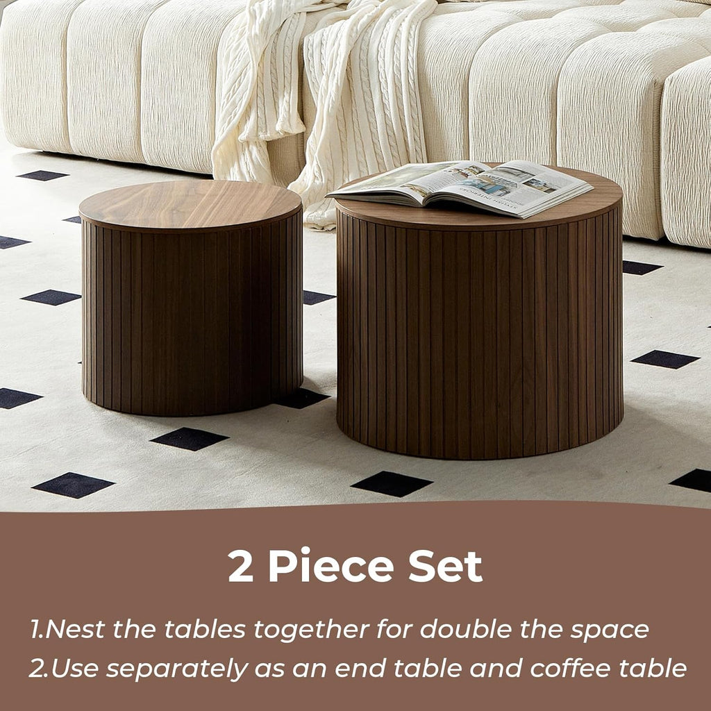 Nesting Coffee Table Set of 2 Modern Round Coffee Tables End Table with Storage Natural Wood Veneer for Living Room Apartment Small Space (Walnut, 19 Inch)