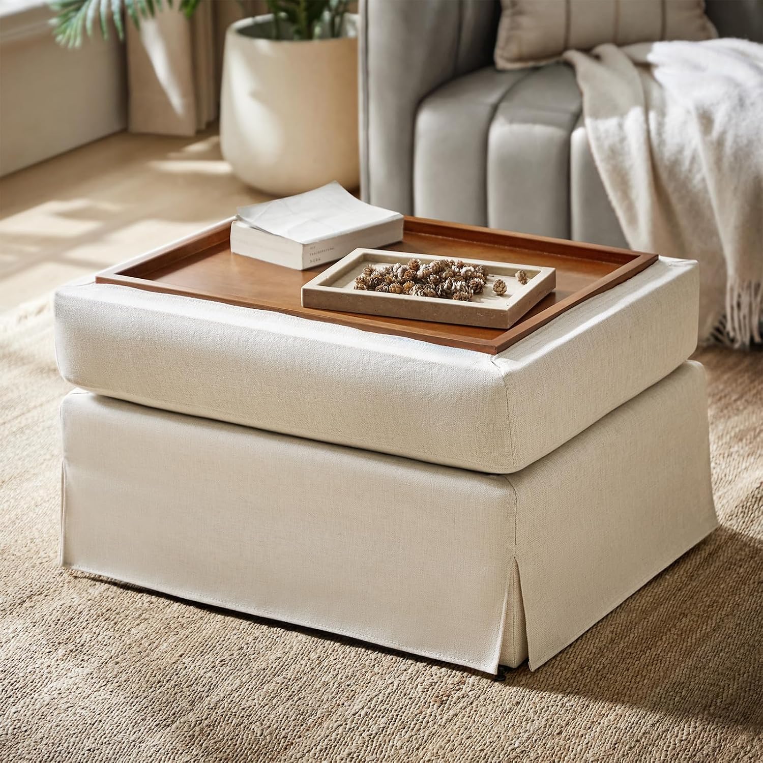 HULALA HOME Storage Ottoman Coffee Table with Lift Top, Farmhouse Linen Upholstered Ottoman with Removable Fabric Cover, 30-Inch Large Coffee Table with Storage for Living Room, Bedroom, Beige