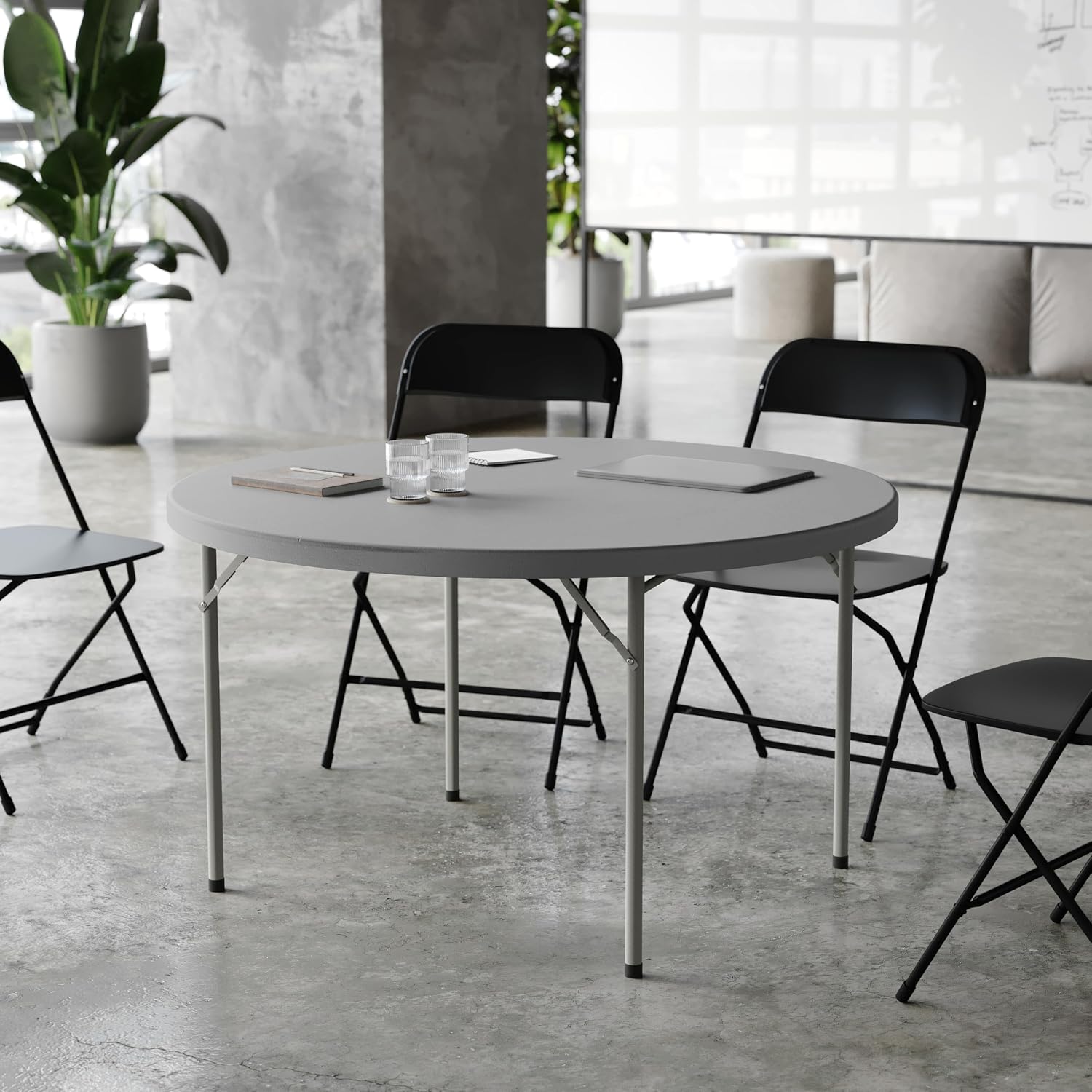 Flash Furniture Kathryn 4' Round Plastic Folding Event Table for Parties and Trade Shows, Portable Indoor/Outdoor Event Banquet Table, Granite Dark Gray