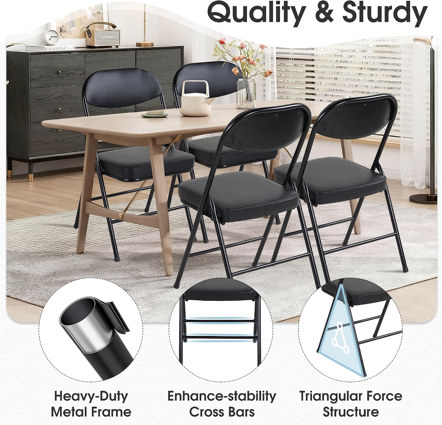 HOMEFUN Padded Folding Chairs Set of 4, Folding Chairs with Cushion and Durable Metal Frame，No Assemble Required for Party Kitchen Office Wedding Black