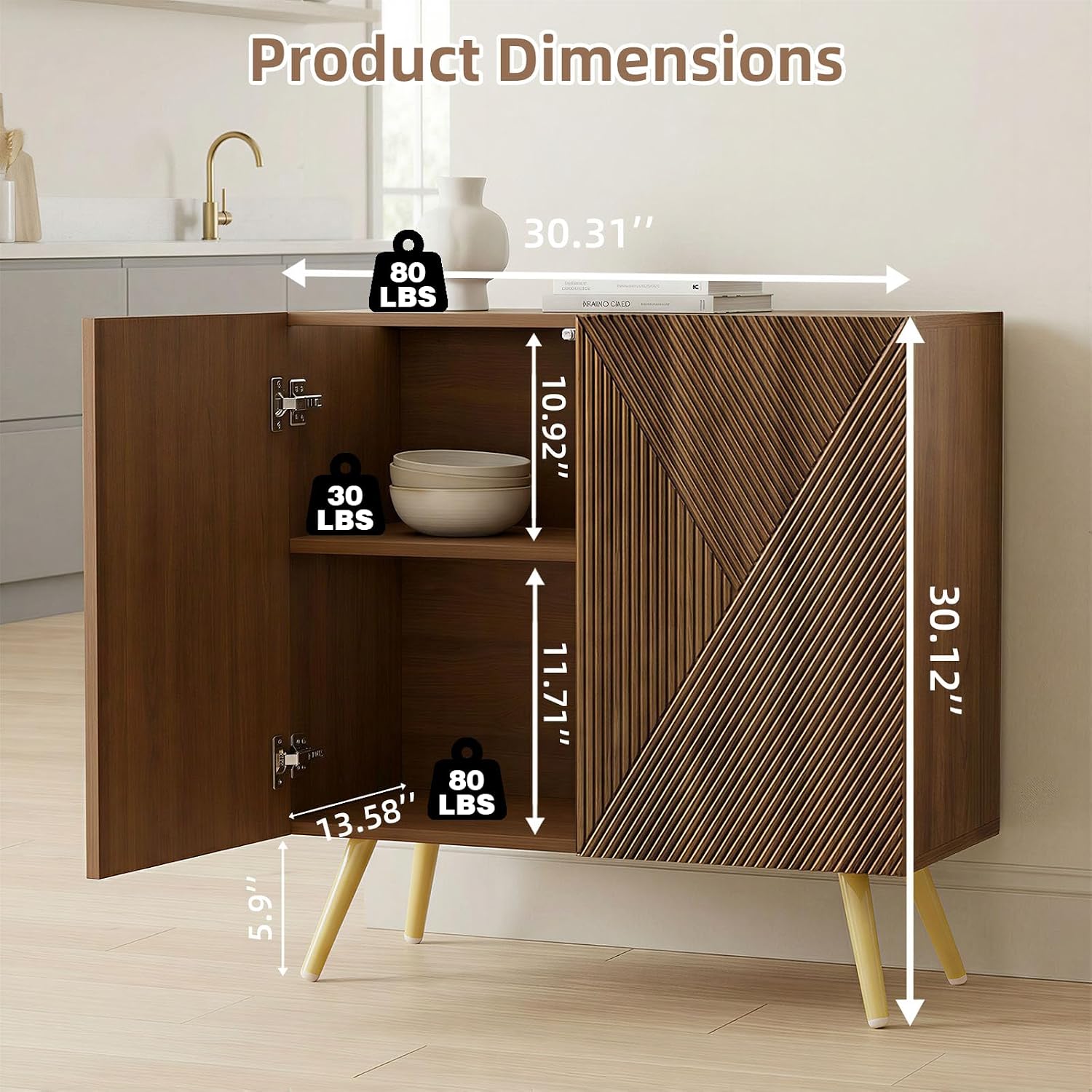 DHZ Fluted Sideboard Buffet Cabinet, 30” Wood Storage Credenza with Adjustable Shelf, Freestanding Accent Cabinet, Space-Saving Console Coffee Bar Cabinet for Living Room, Kitchen