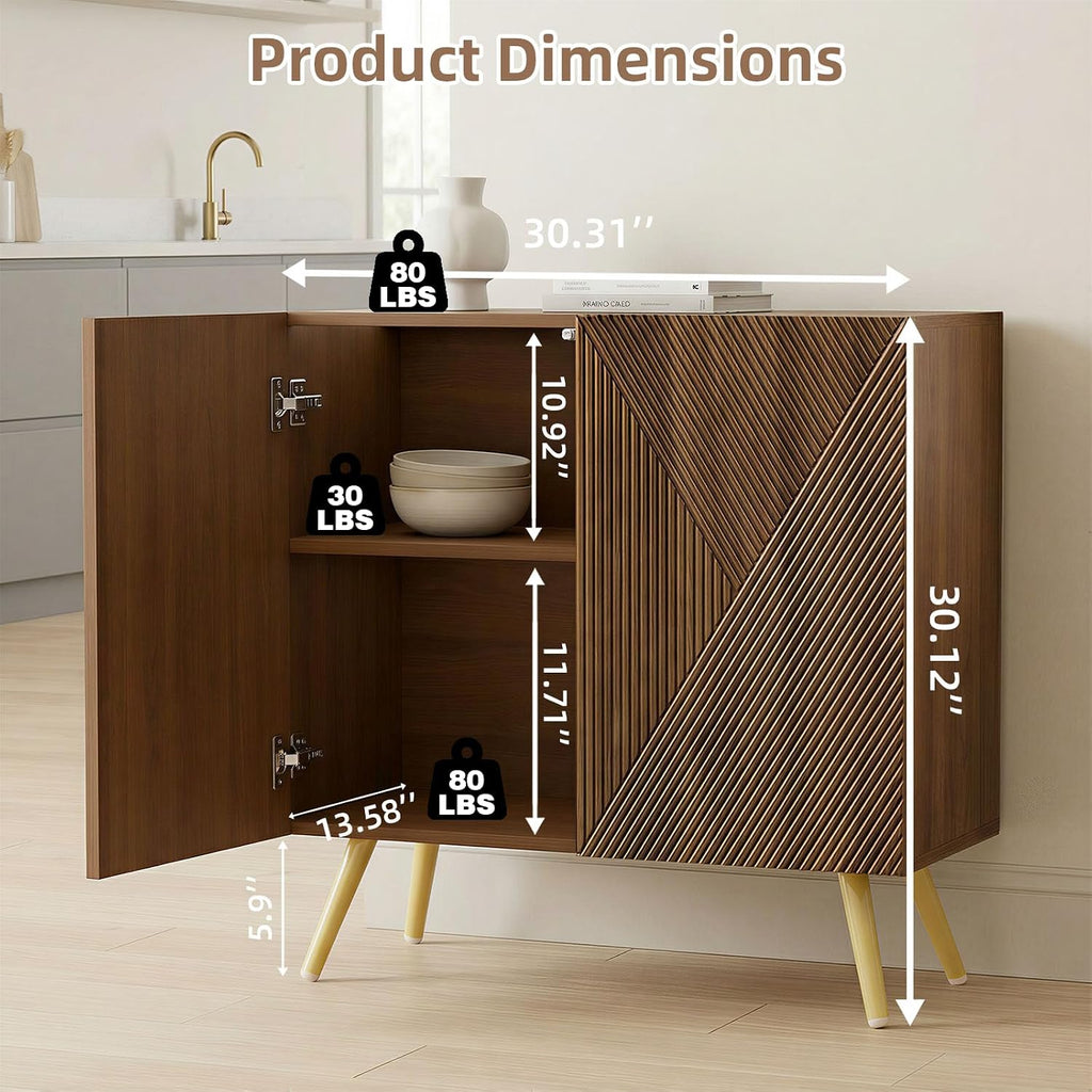 DHZ Fluted Sideboard Buffet Cabinet, 30” Wood Storage Credenza with Adjustable Shelf, Freestanding Accent Cabinet, Space-Saving Console Coffee Bar Cabinet for Living Room, Kitchen