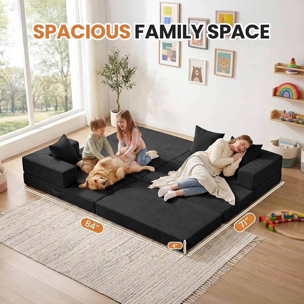 65" Boneless Couch,Convertible Sleeper Sofa Bed, Modular Sectional Sofa, Modern Tri-Folding Cloud Couch with L-Shape Chaise, Corduroy Futon Couches for Living Room Small Spaces Apartment,No Assembly