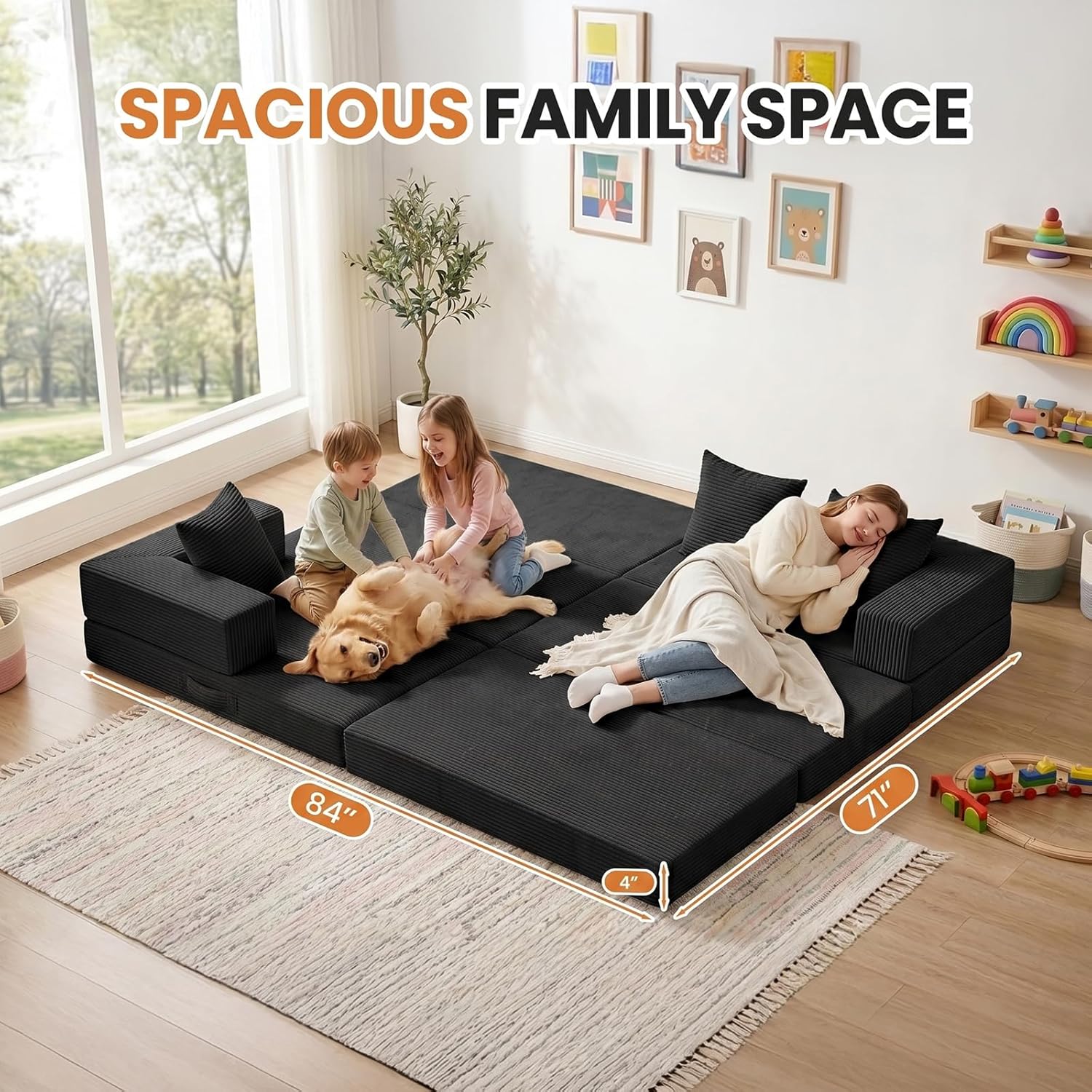 65" Boneless Couch,Convertible Sleeper Sofa Bed, Modular Sectional Sofa, Modern Tri-Folding Cloud Couch with L-Shape Chaise, Corduroy Futon Couches for Living Room Small Spaces Apartment,No Assembly