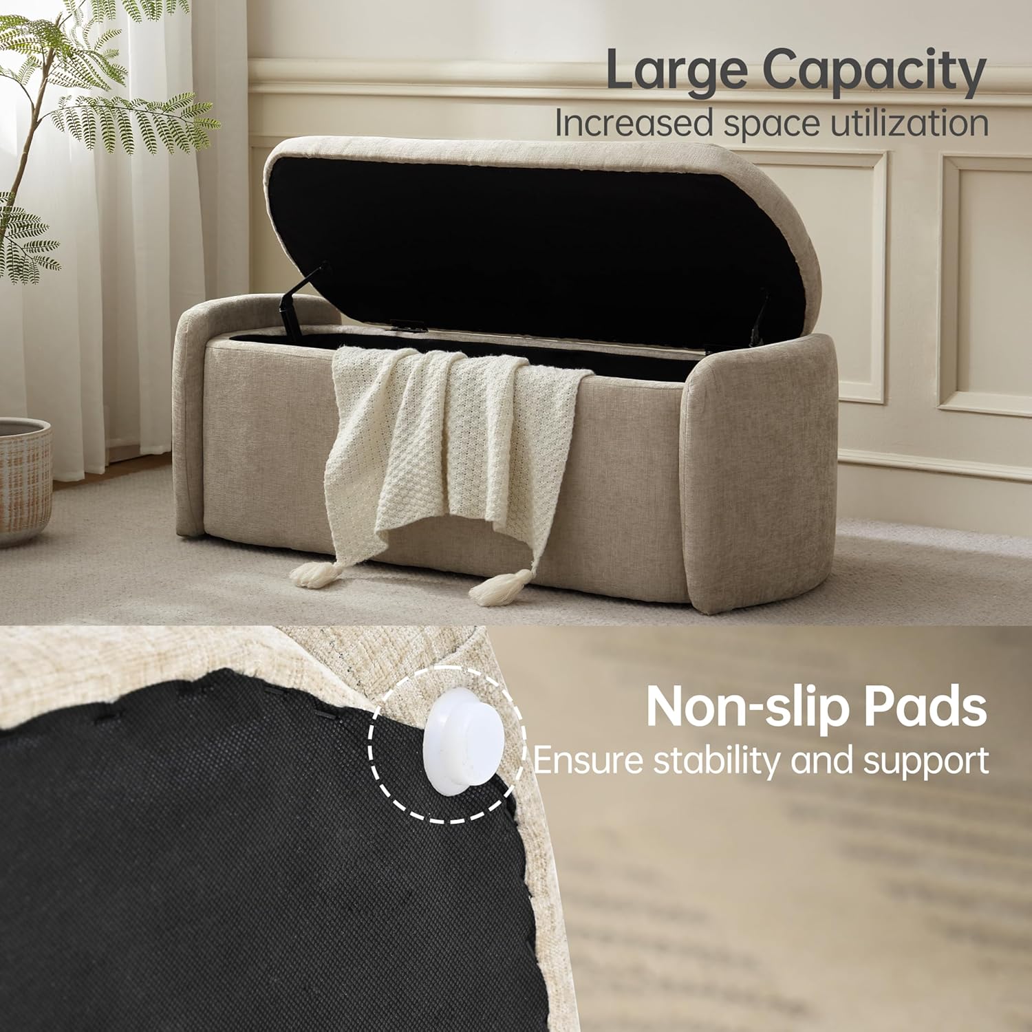 VKNOW 46" Oval Storage Ottoman Bench, Upholstered End of Bed Bench Ottomans Bench Foot Rest, Sherpa Storage Bench for Bedroom, Living Room and Hallway, Light Brown
